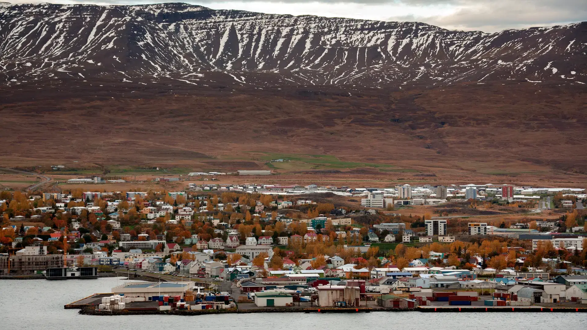 The town of Akureyri on the north coast of Iceland at the end of the fjord Eyjafjorour.