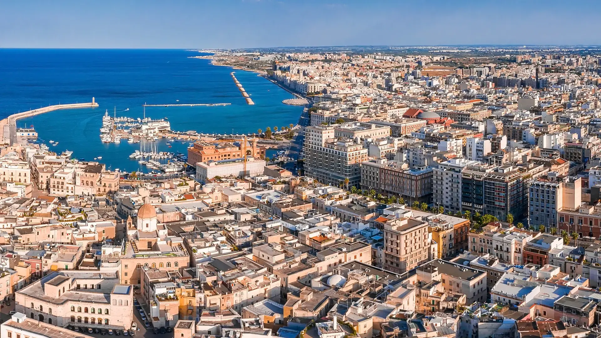 Aerial view of Bari old town. View of the Bari Cathedral (Saint Sabino) and "San Nicola Basilica", Bari second Cathedral. These churches were built during middle ages.
