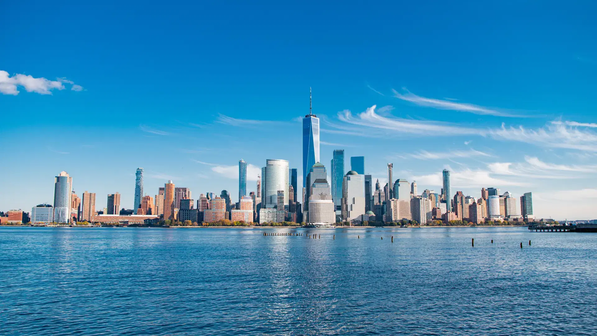 New York, United States. Panorama view of New York city skyline in Midtown Manhattan. USA, NYC, NY, Manhattan. American big city. Lower Manhattan skyline. New York from New Jersey. Downtown Manhattan.