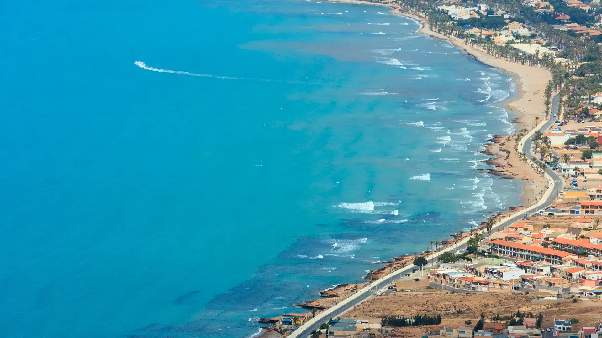Mediterranean Sea summer coastline. Top view from Tinoso cape (Cartagena, Spain). All people are unrecognizable.