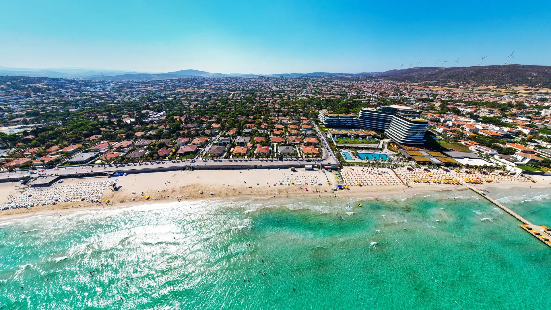 Ilica Beach in Alacati. Cesme District, Izmir, Turkey. Beautiful turquoise sea view in Cesme. Drone shot.