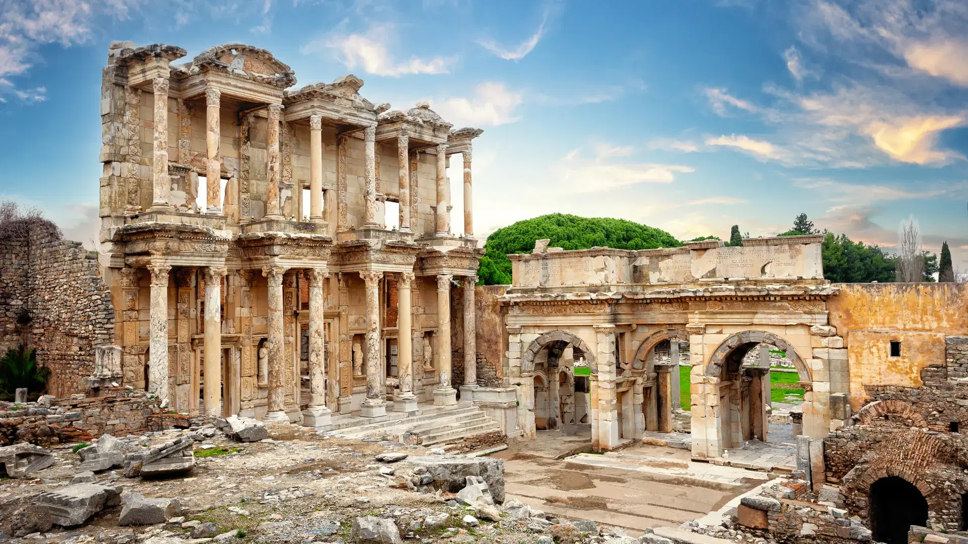 Library of Celsus in Ephesus under blue cloudy skies. Turkey. Unesco cultural heritage