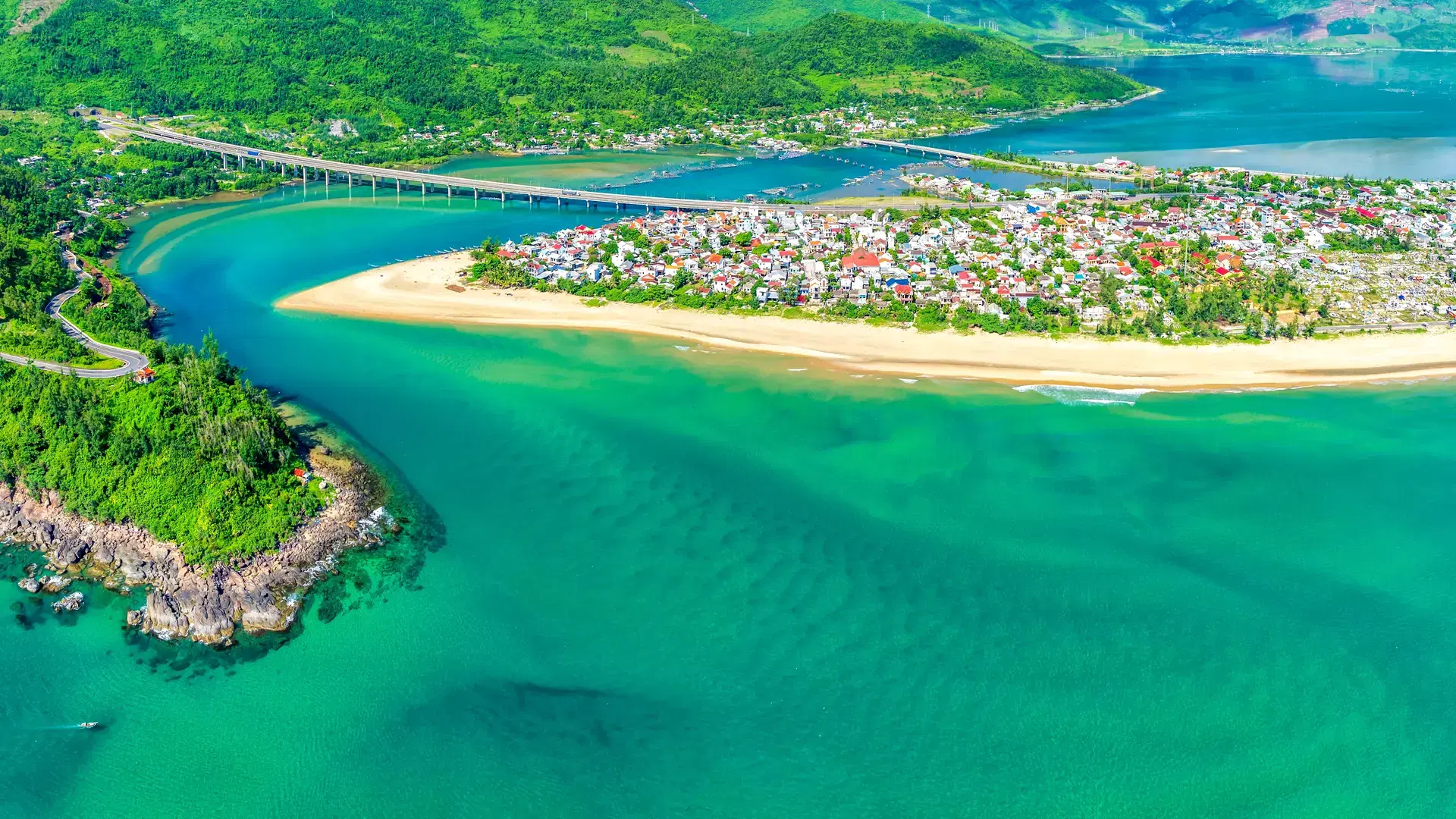 Aerial view of Lang Co bay and beach, Hai Van pass, Lap An lagoon, Hue, Vietnam. Travel and landscape concpet.