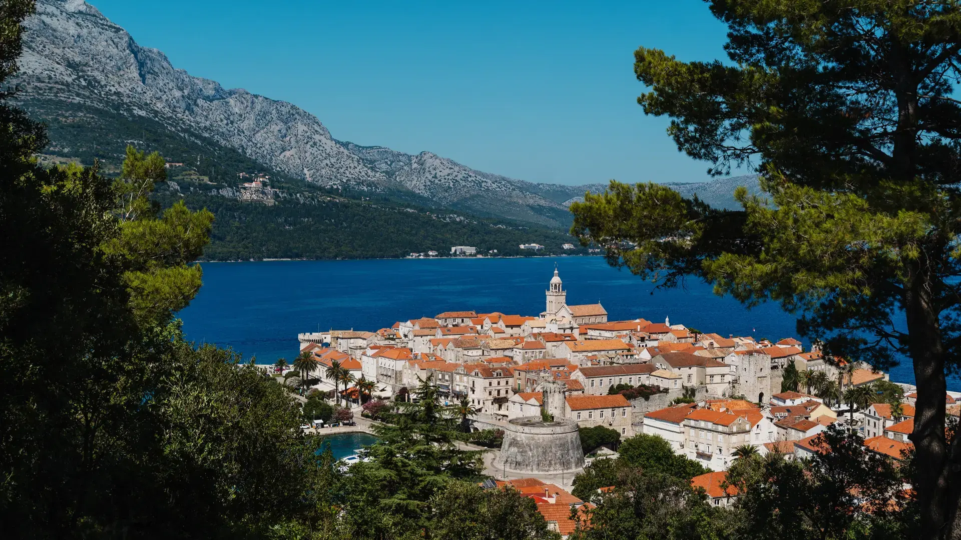 View of Korčula old town, Korčula island, Croatia in Adriatic Sea area. Croatia, Korcula Island, Korcula Town, Dalmatia Region.