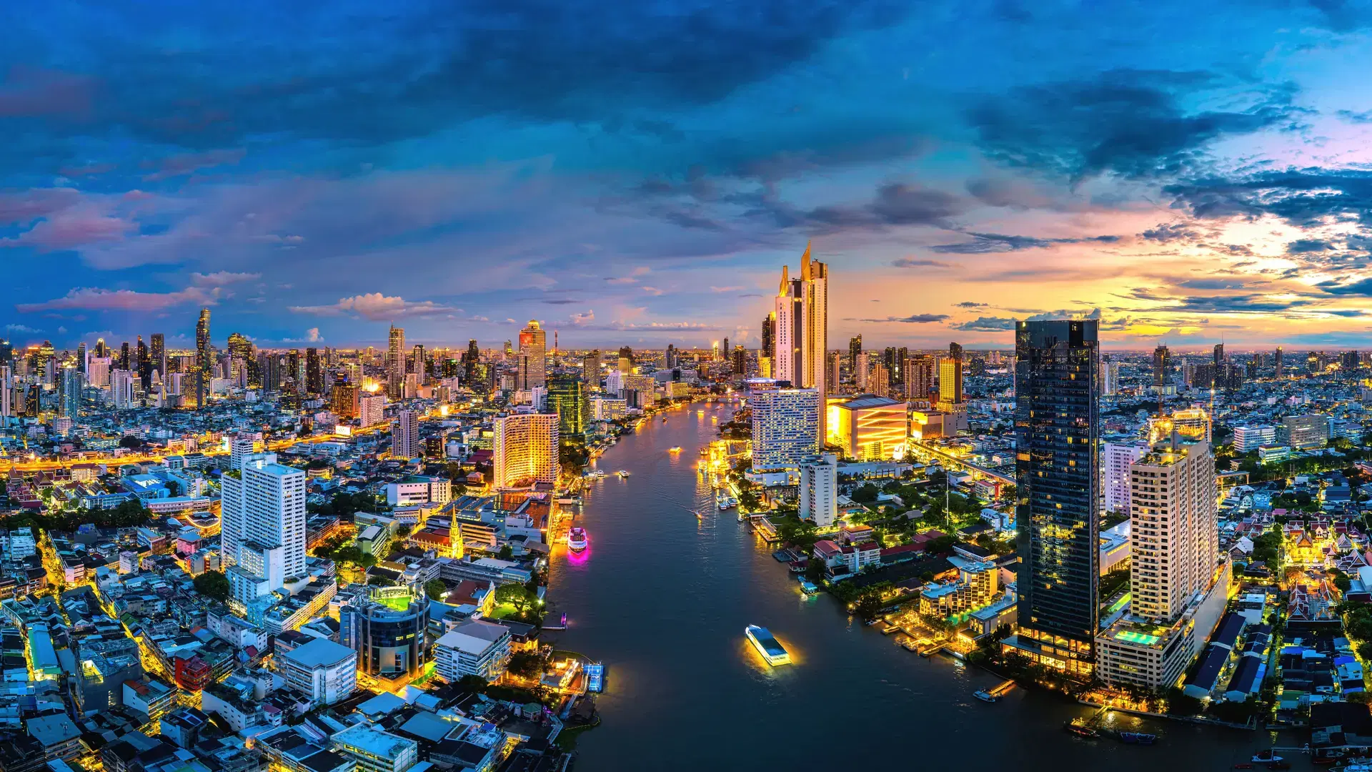 Aerial view of Bangkok city at twilight, Thailand.