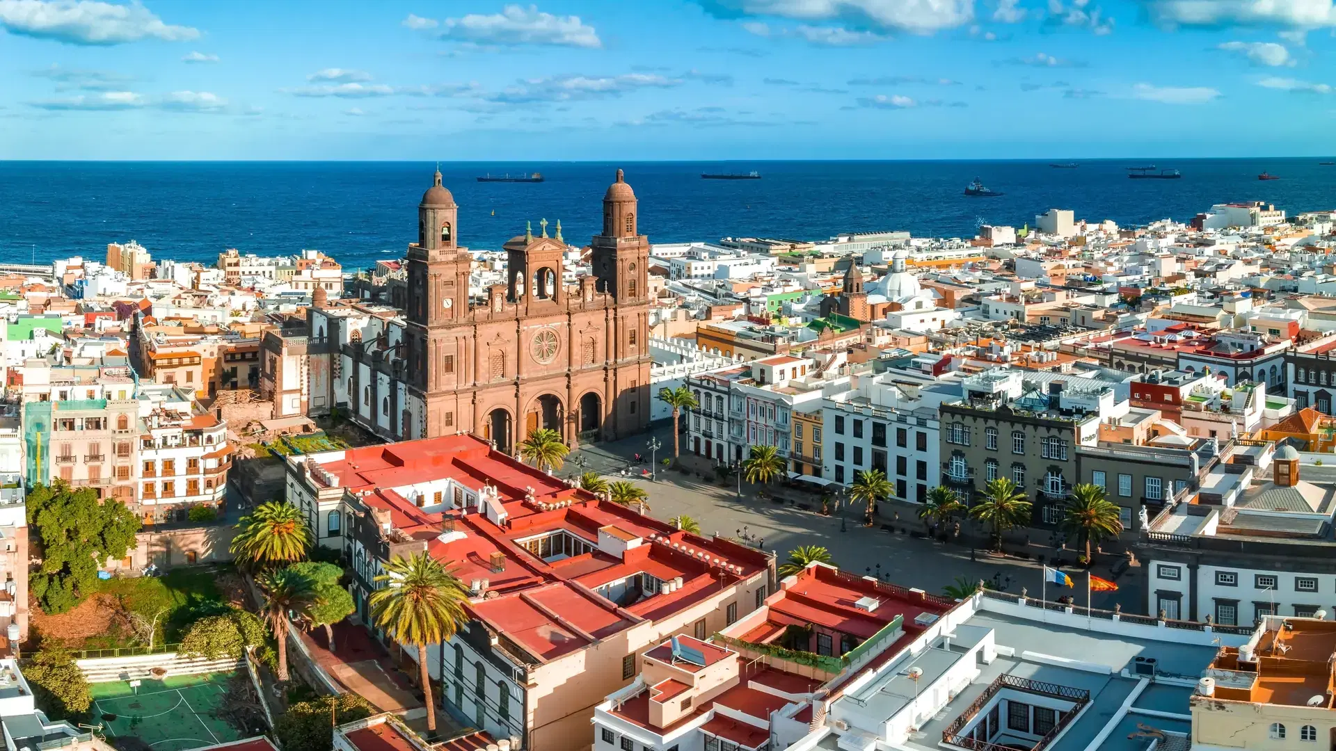 Landscape with Cathedral Santa Ana Vegueta in Las Palmas, Gran Canaria, Canary Islands, Spain. Aerial sunset view of the Las Palmas city.