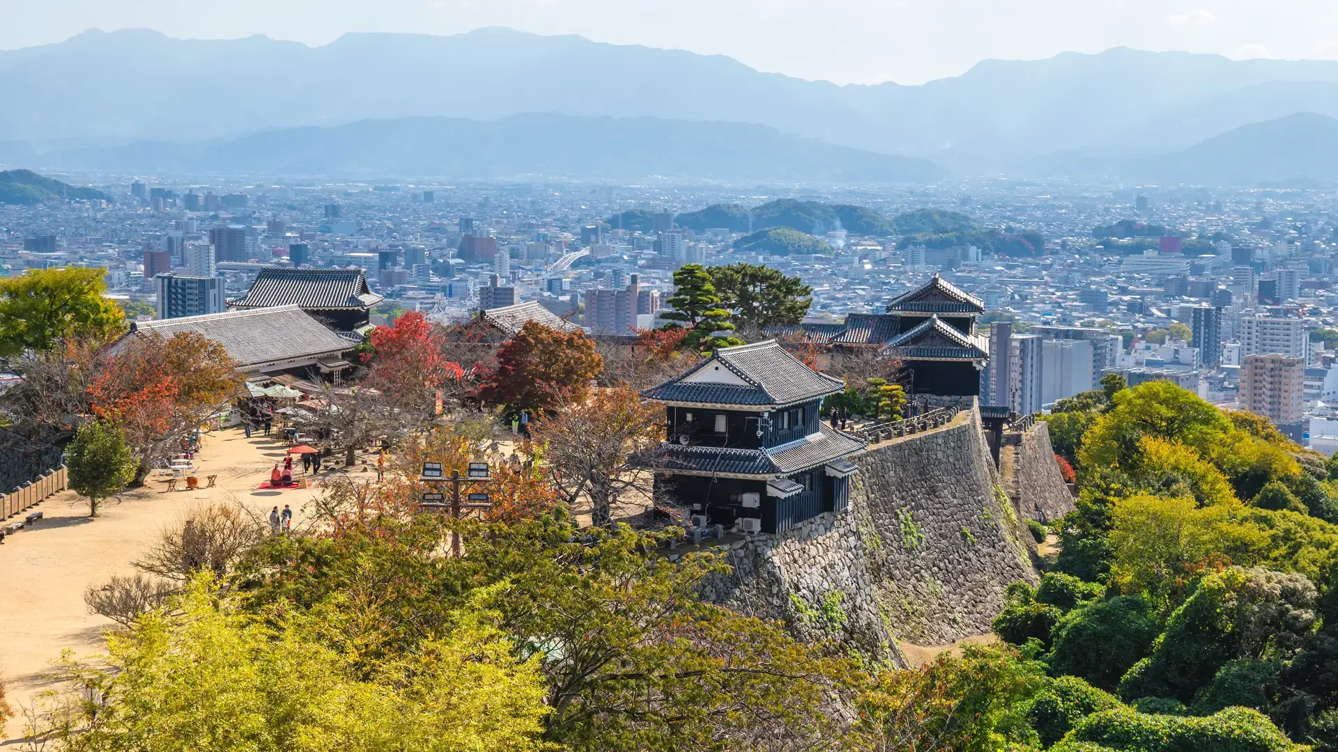 View over the Tenshu of Matsuyama castle in Ehime, Shikoku, Japan