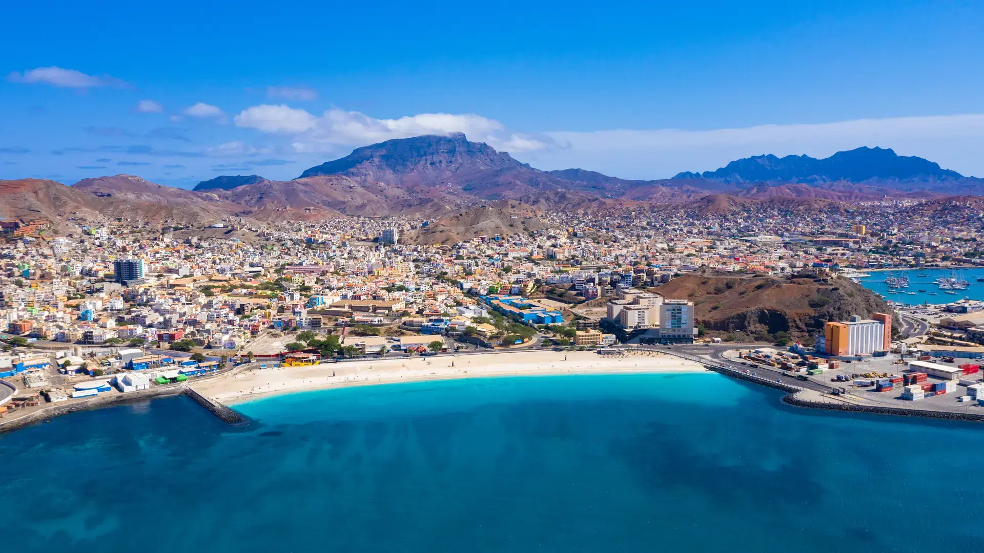 Aerial view of Laginha beach in Mindelo city in Sao Vicente Island in Cape Verde
