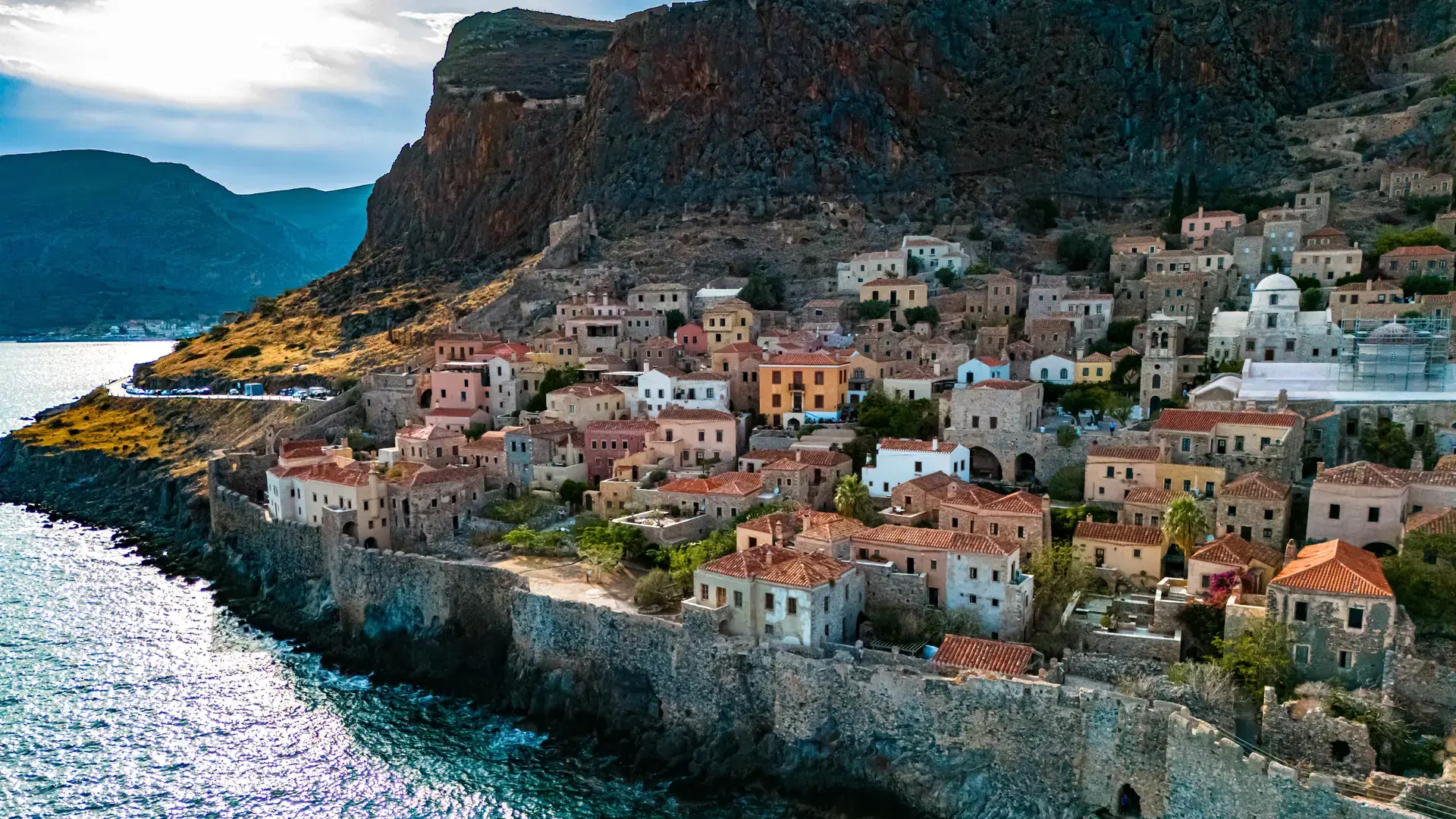 Aerial view of Monemvasia, a town in Laconia, Greece.
