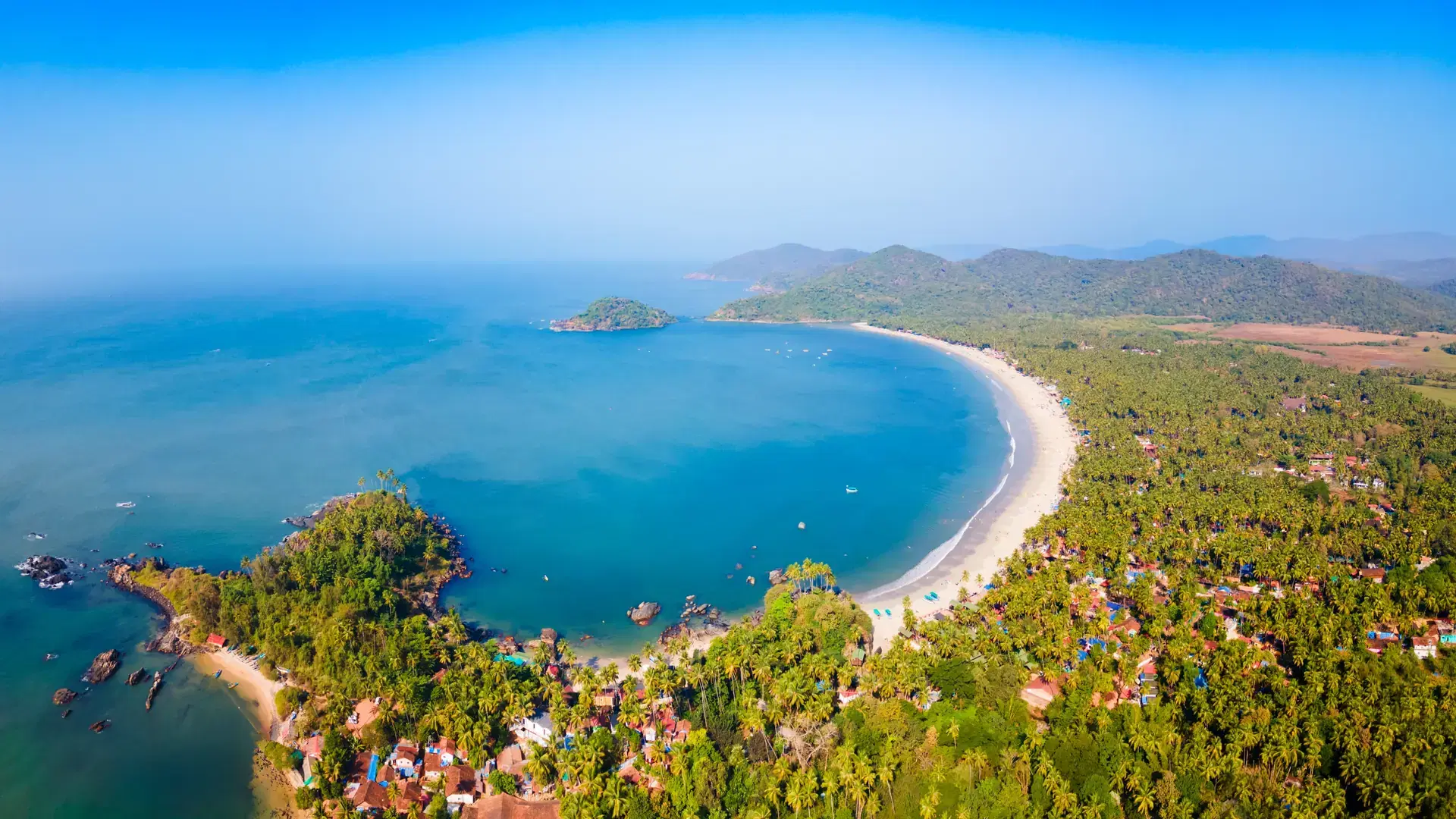Palolem Beach aerial panoramic view. Palolem Beach is situated in Canacona in southern Goa, India.