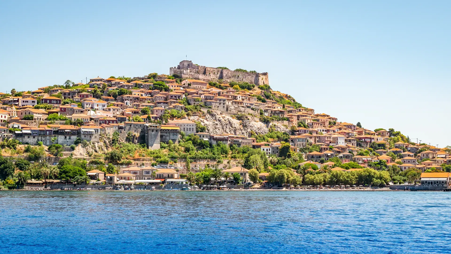 Molyvos town with medieval castle, Lesvos, Aegean Sea, Greece.