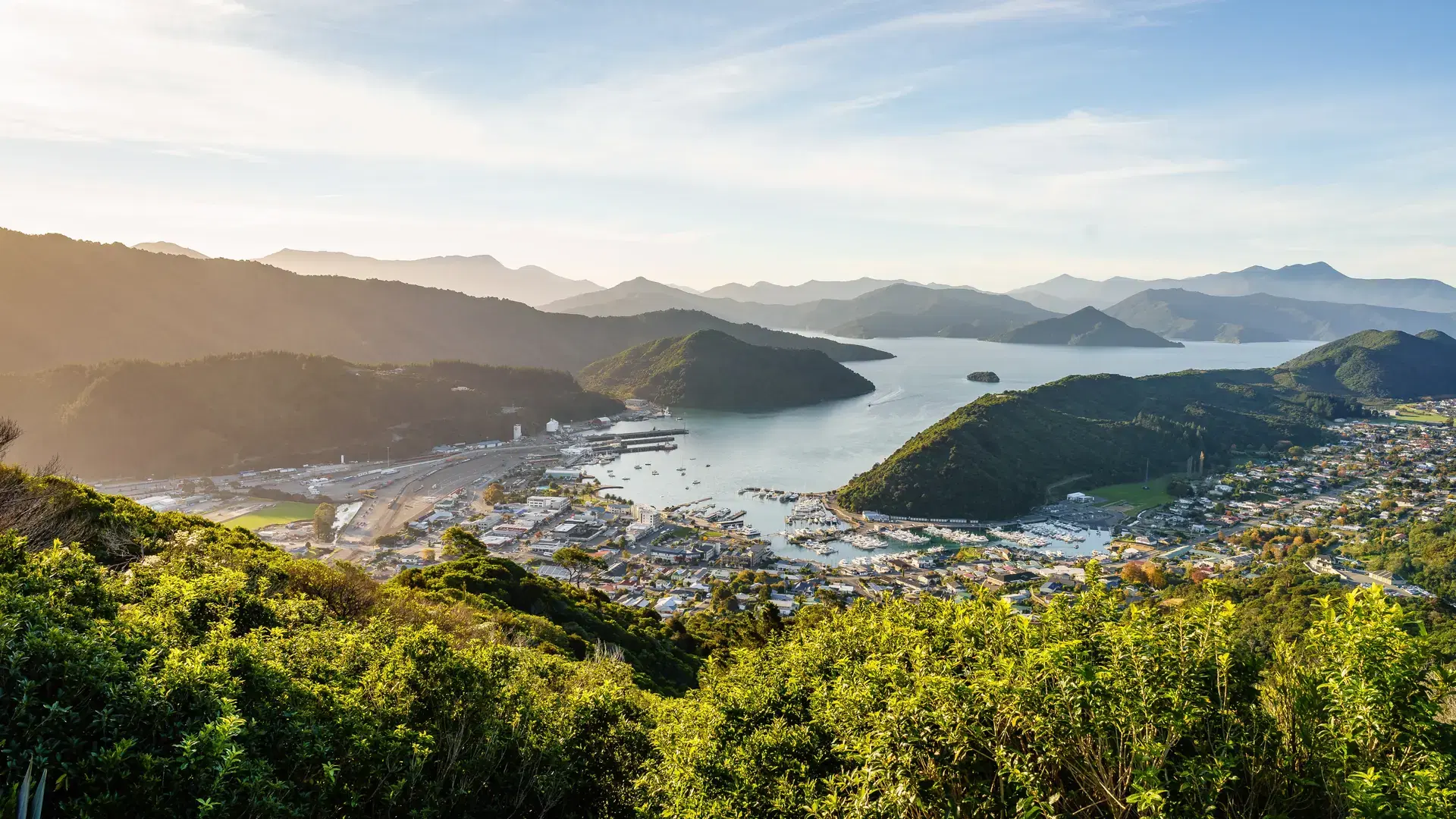 A high angle shot of the coastline town Picton with mountains and clear sky in the background