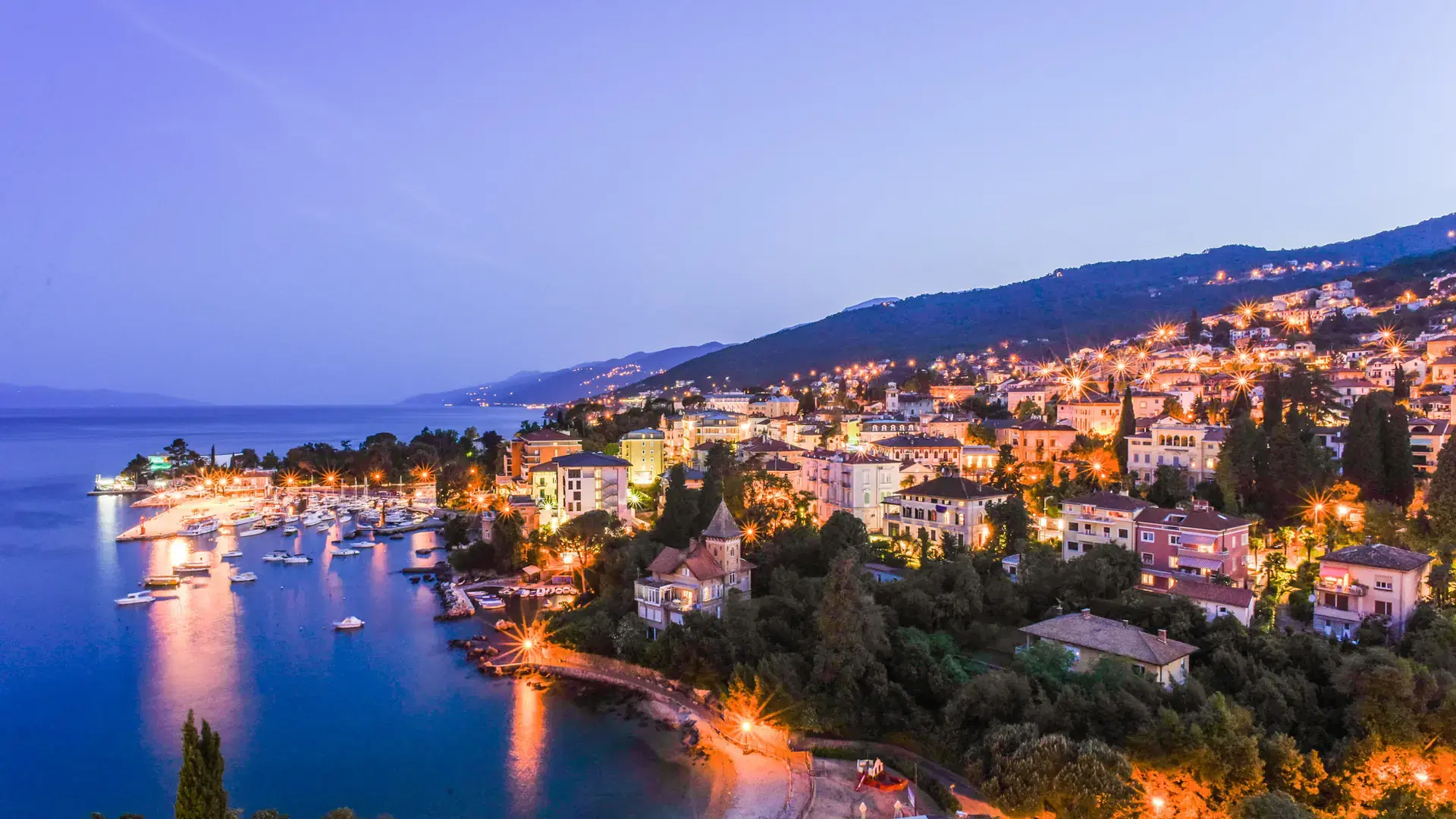 Landscape View of the Adriatic Sea Coast and Harbour After Sunset, Opatija, Croatia