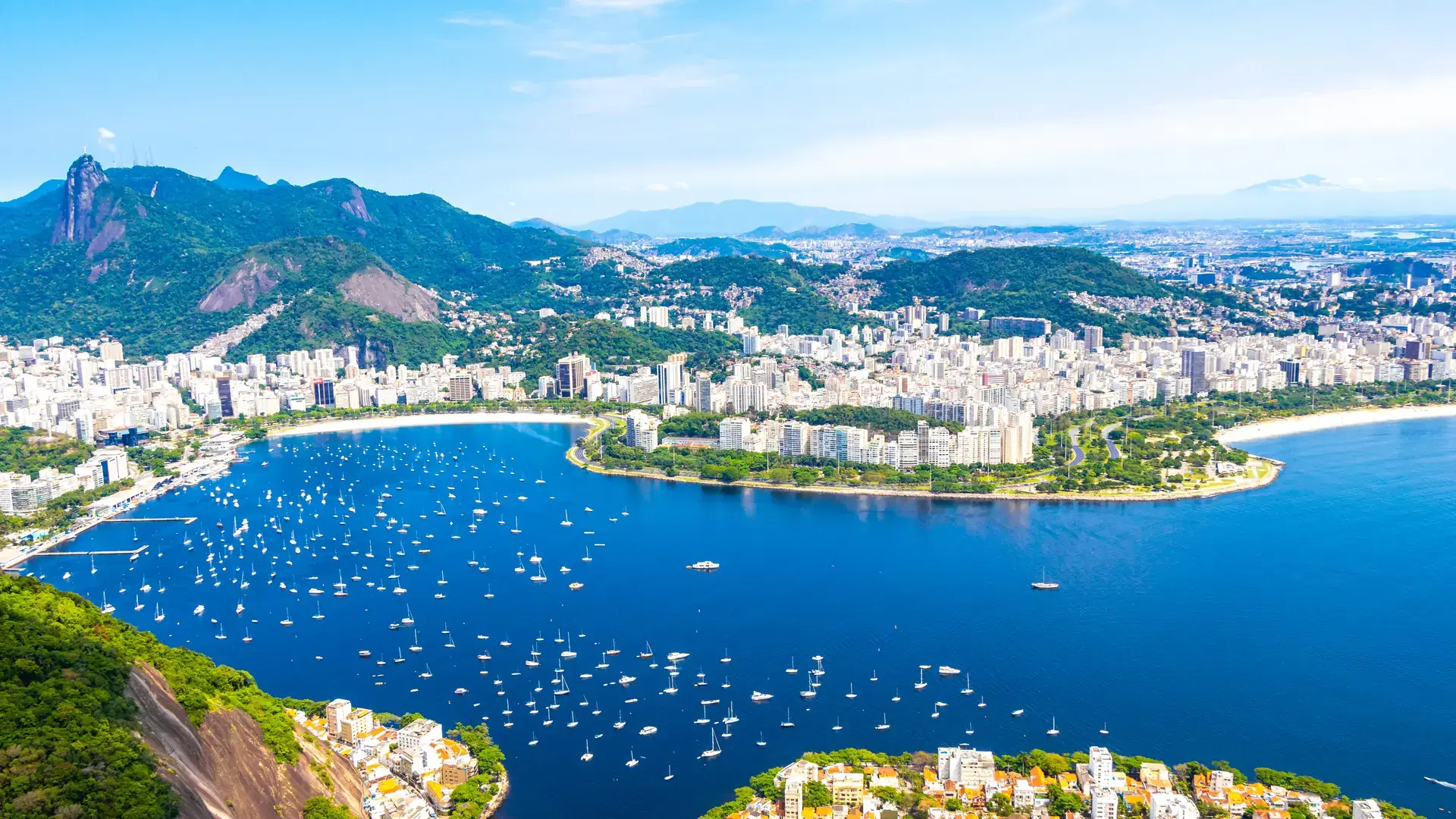 Rio de Janeiro Panorama View of the City Skyline Beaches Beach Coast Sea Mountains Tropical Forest and Blue Cloudy Sky in State of Rio de Janeiro Brazil.