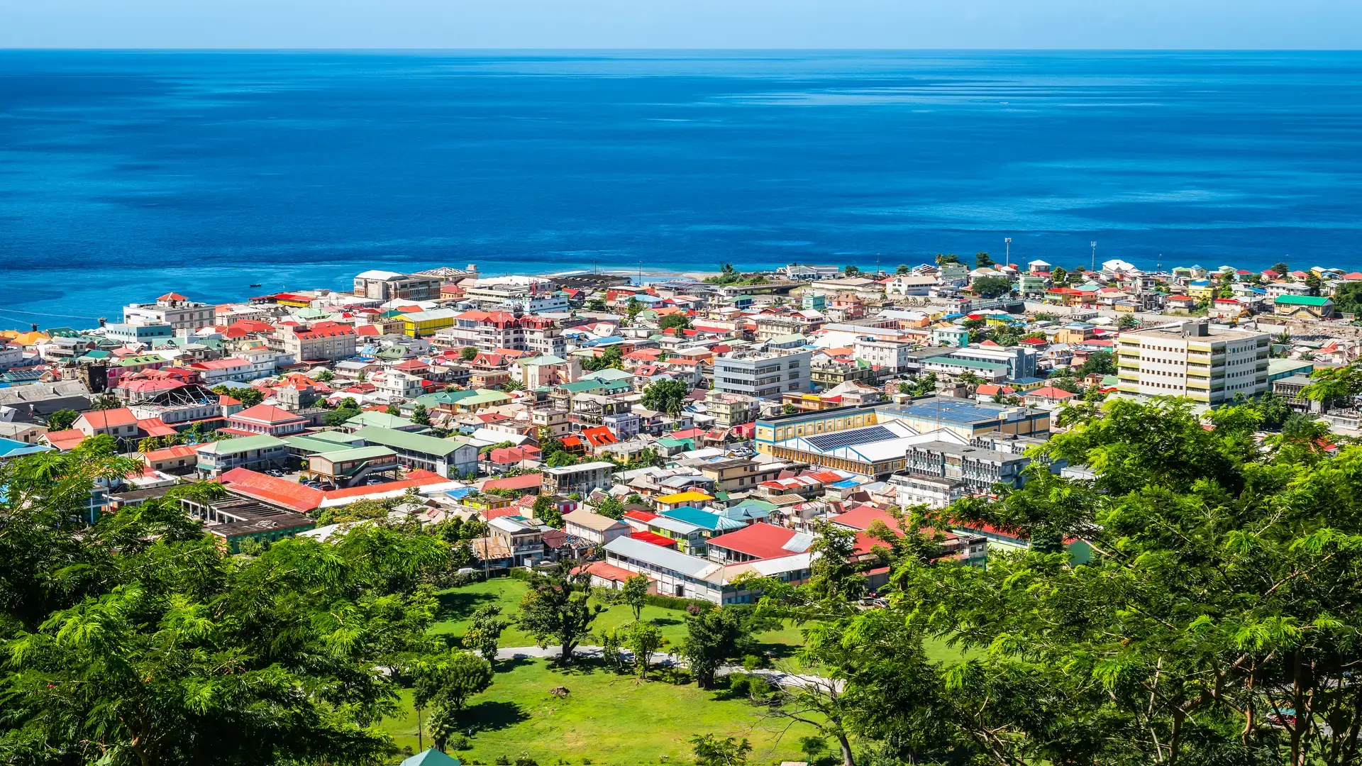 Aerial view of Roseau city, Dominica.