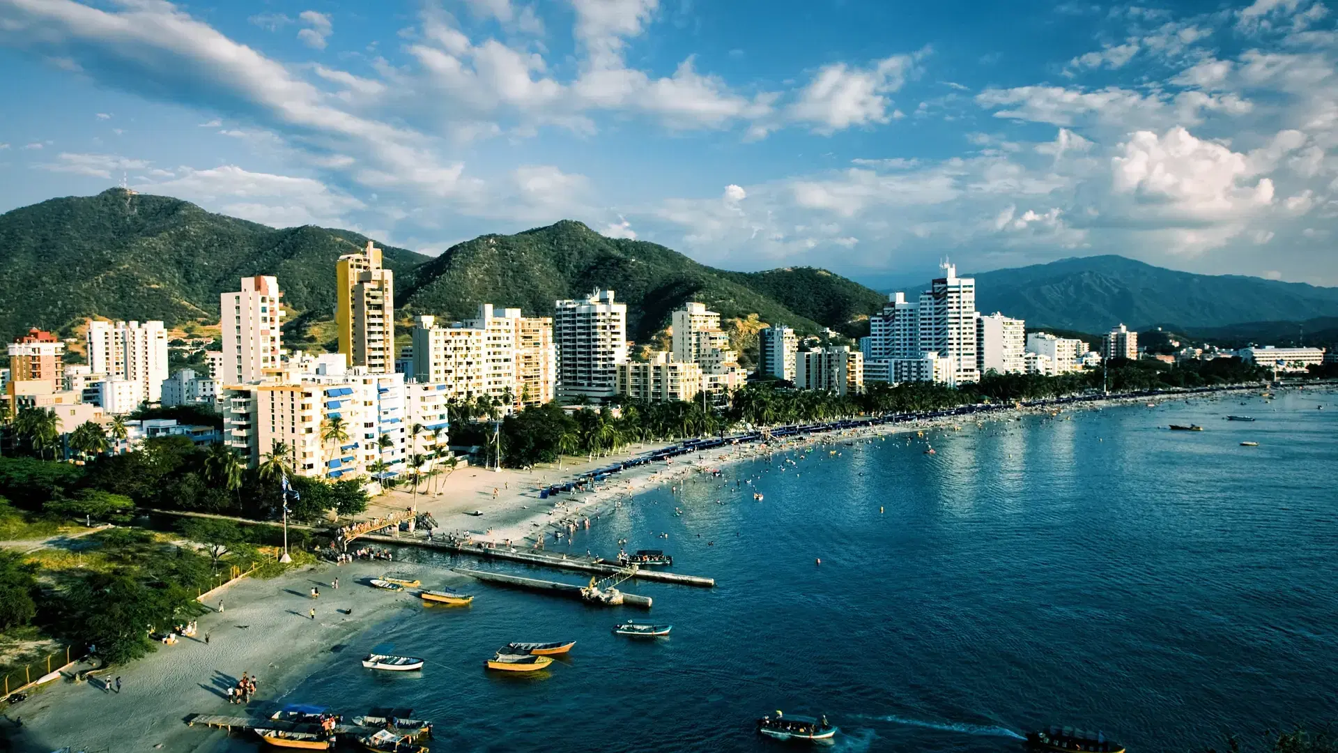 Panoramic of El Rodadero with sky blue. Santa Marta, Magdalena, Colombia. 