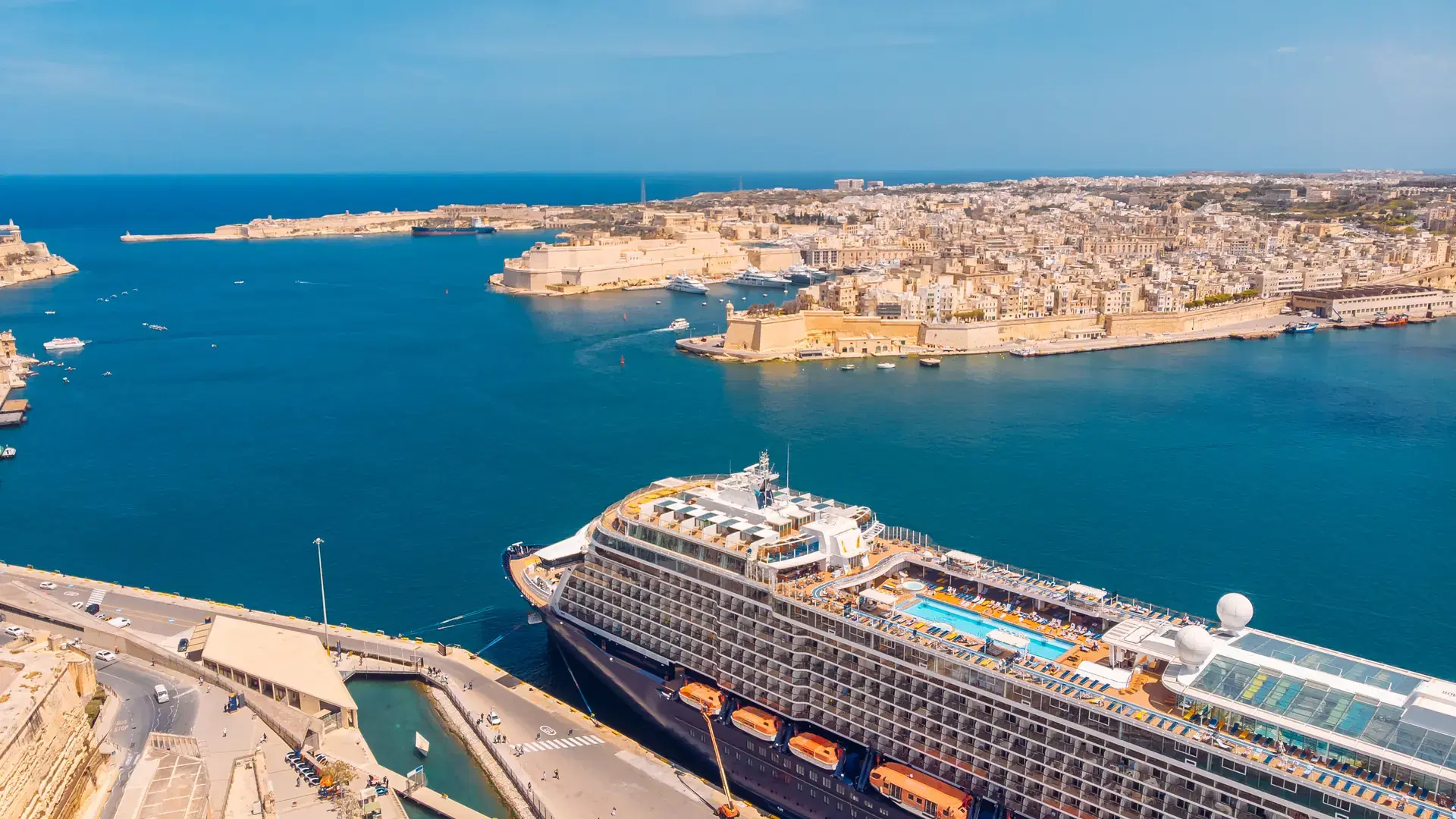 Cruise ship liner port of Valletta, Malta. Aerial view photo.