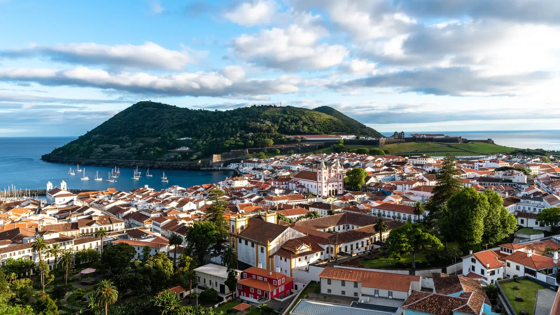 Panoramic Aerial View of the old Town, the port and the Fortress of Angra do Heroismo, Terceira Island, Portugal