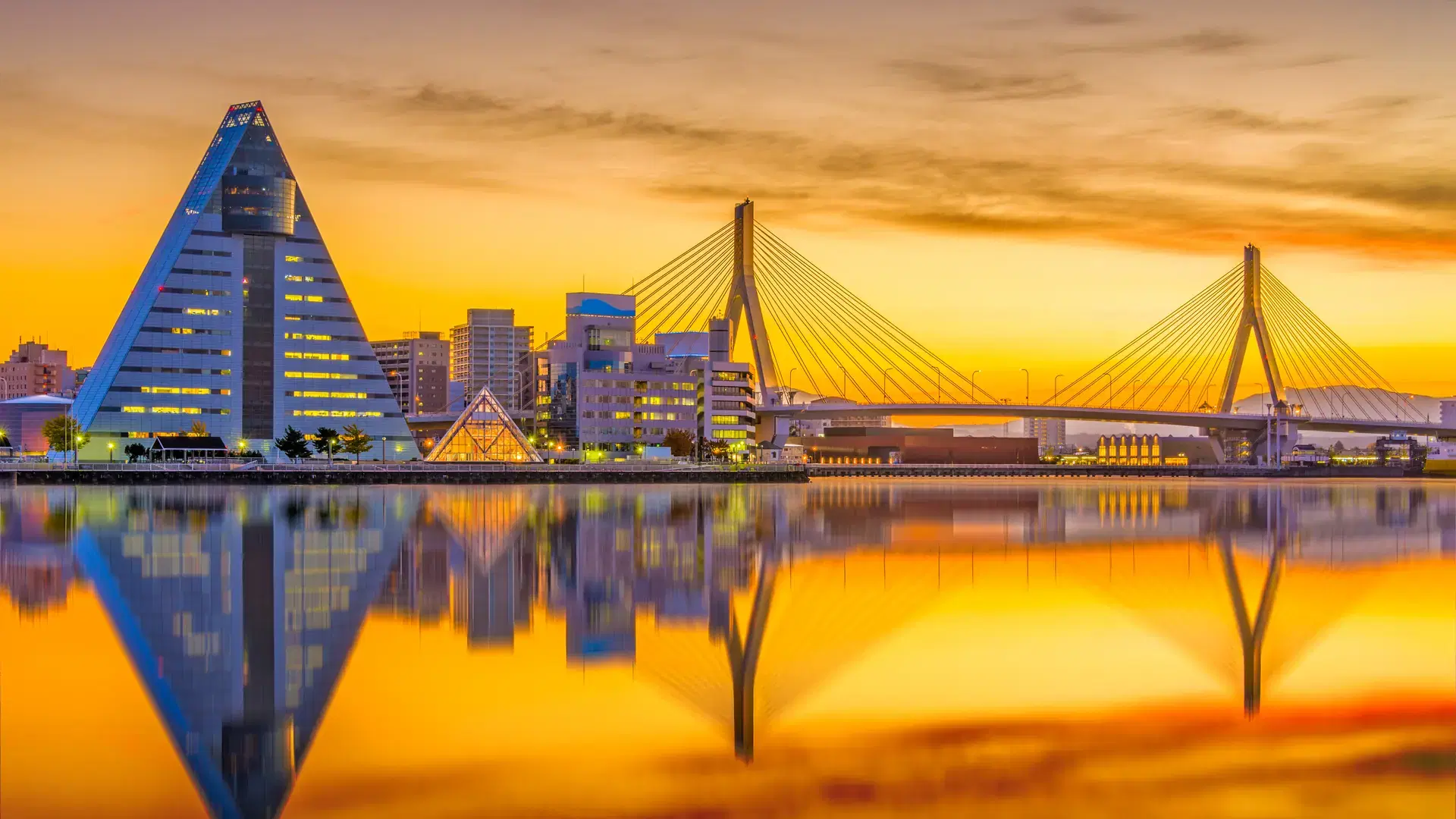 Aomori City, Japan skyline at dusk.