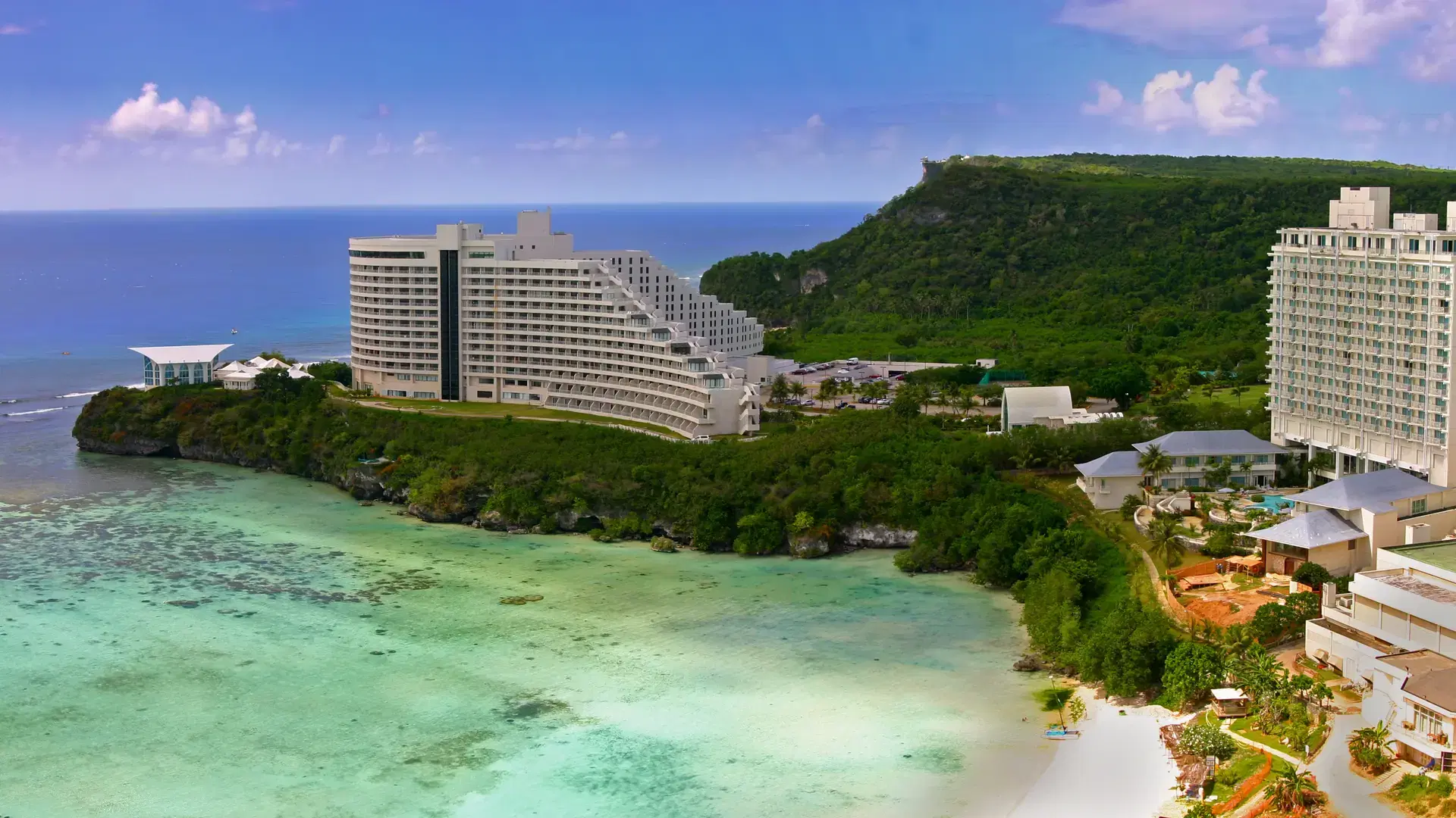 The pacific tropical island of Guam and Tumon bay with hotels.