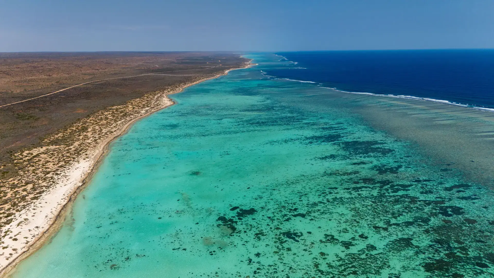 Aerial view of Ningaloo Reefs turquoise waters and coastal landscape in Western Australia under a clear blue sky.