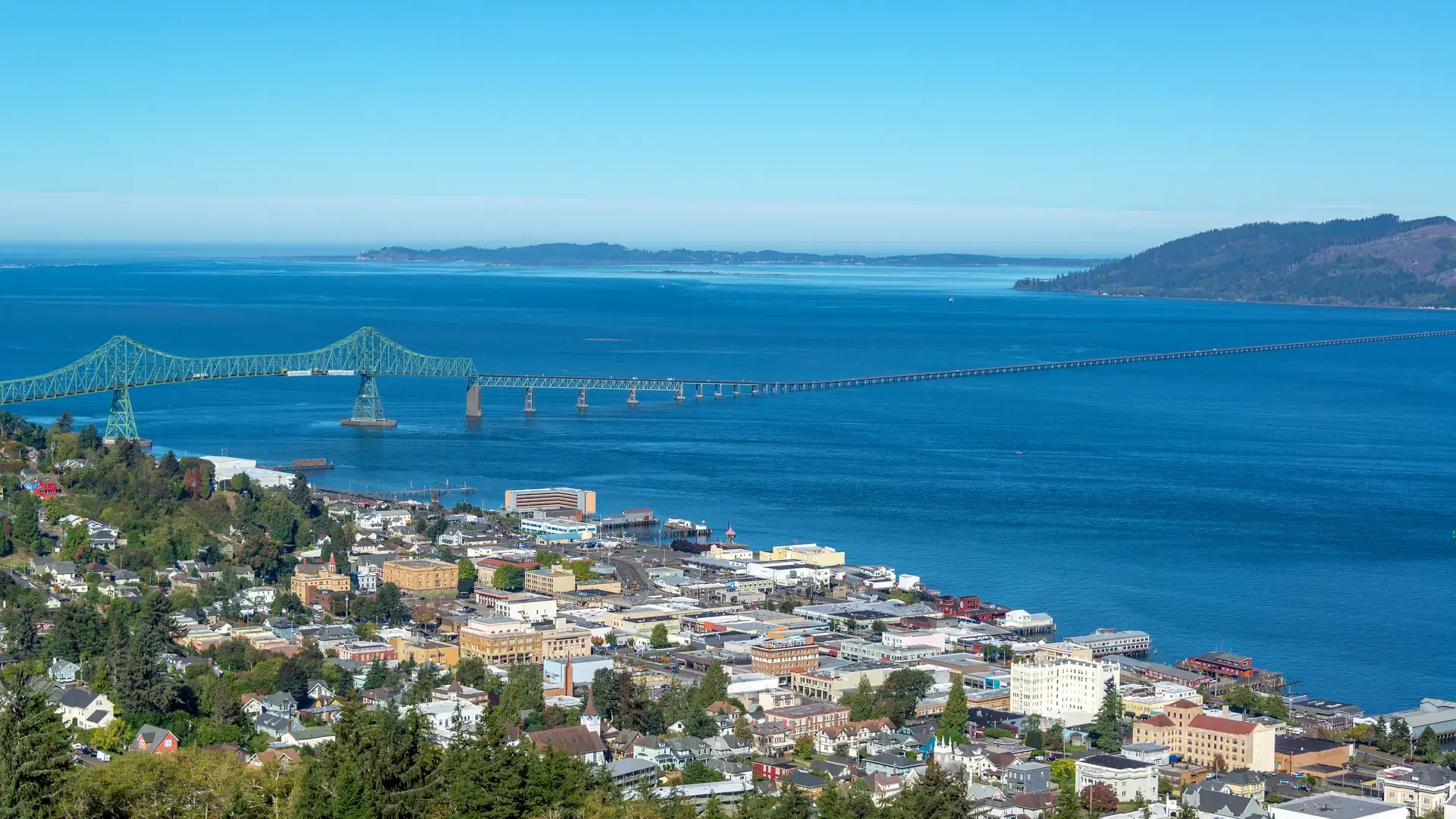 Cityscape view of Astoria, Oregon with the Astoria Megler Bridge and Columbia River
