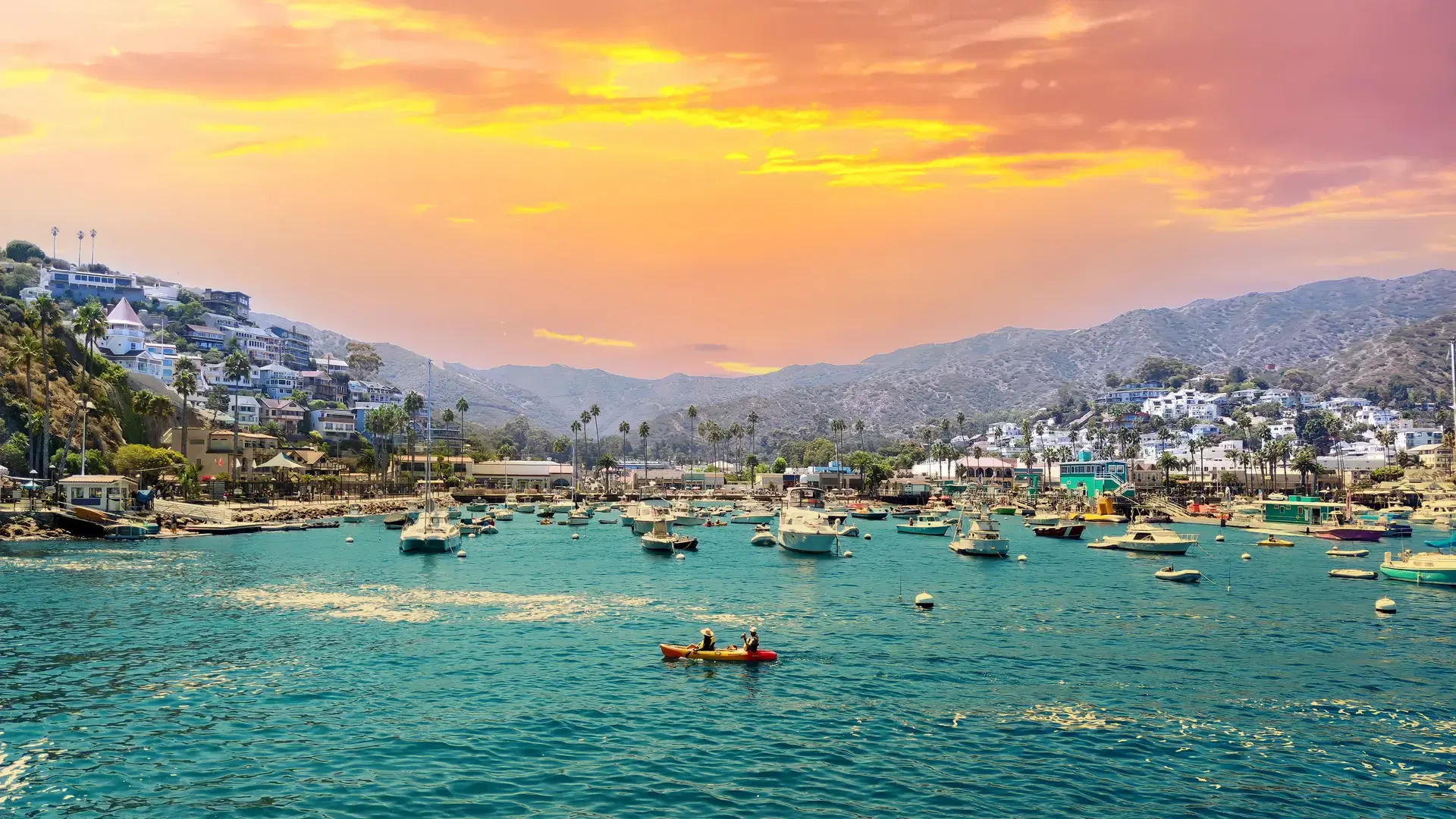 Panoramic view of Avalon harbor on Santa Catalina Island at golden hour, with yachts and boats on the turquoise water and people kayaking during a beautiful California summer sunset vacation