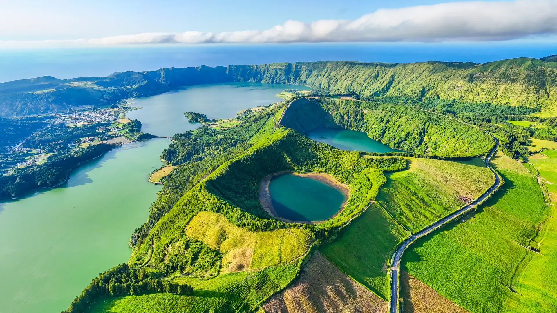 Panorama of Sete Cidades Caldera. Blue Lake, Green Lake, Rasa Lake and Santiago Lake. Green Fields and Hills. Azores, Sao Miguel Island. Portugal. Aerial View