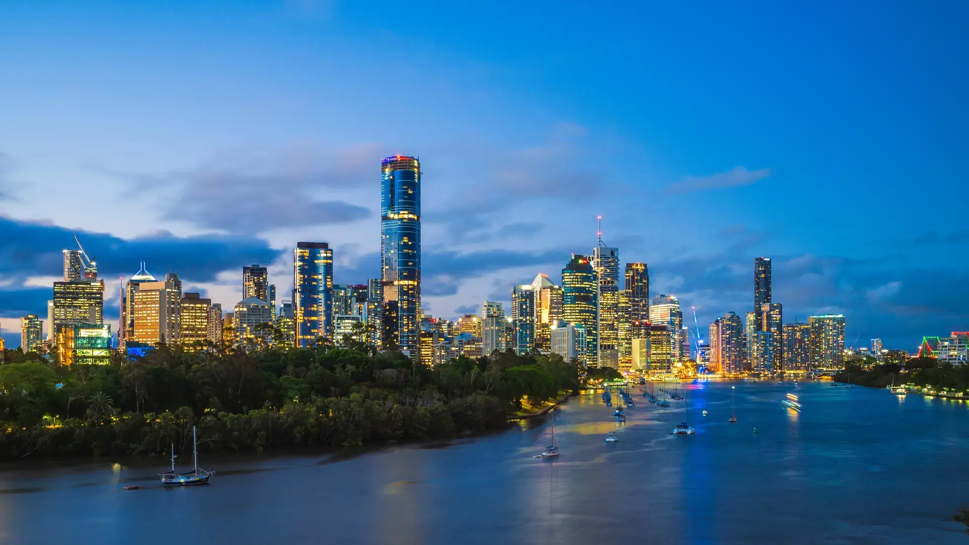 Brisbane skyline by brisbane river at night, capital of Queensland, Australia