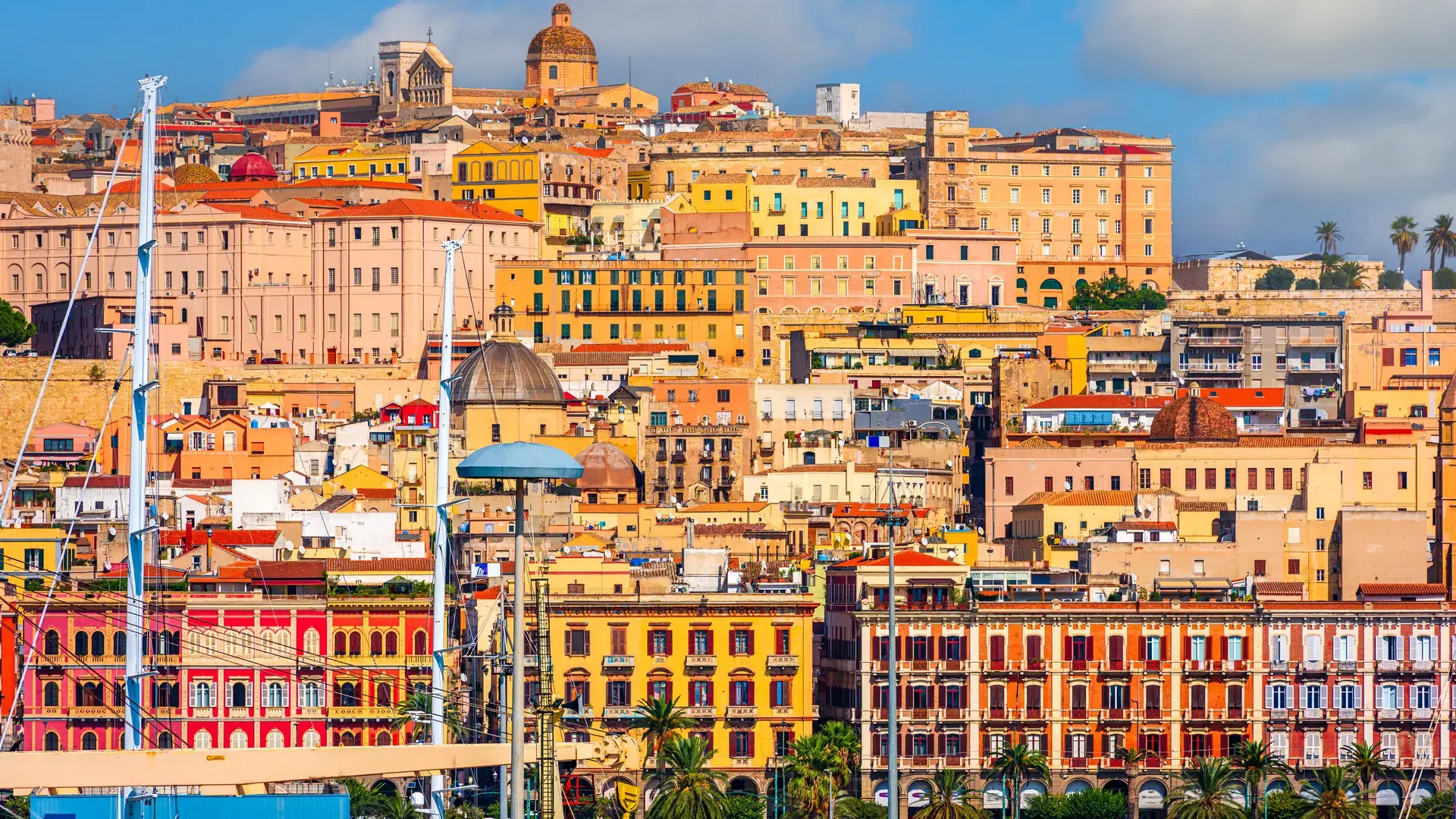 Cagliari, Sardinia, Italy coastal skyline on the Mediterranean Sea.