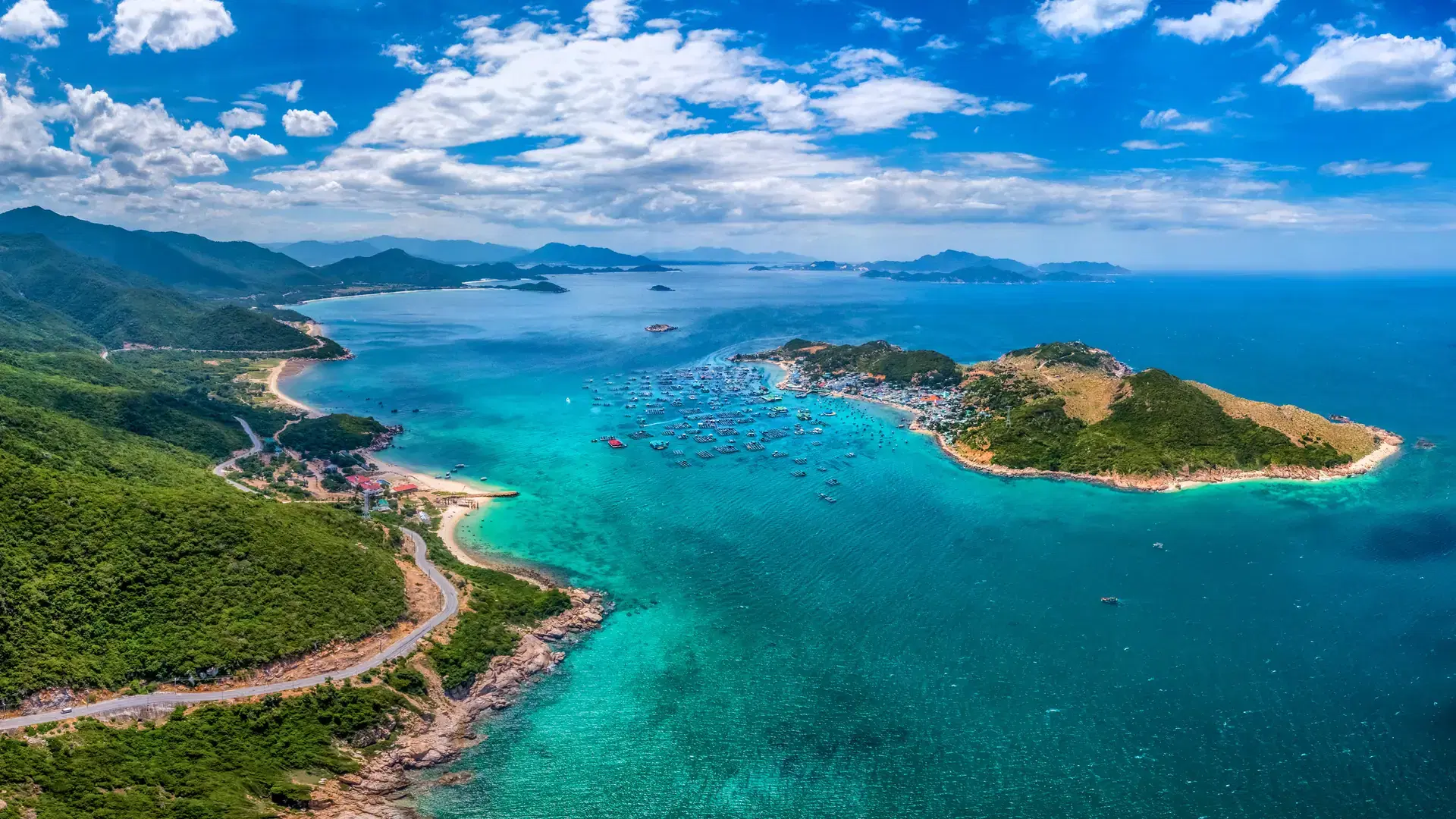 Aerial view of Binh Hung island and road from Cam Ranh to Phan Rang, Ninh Thuan, Vietnam