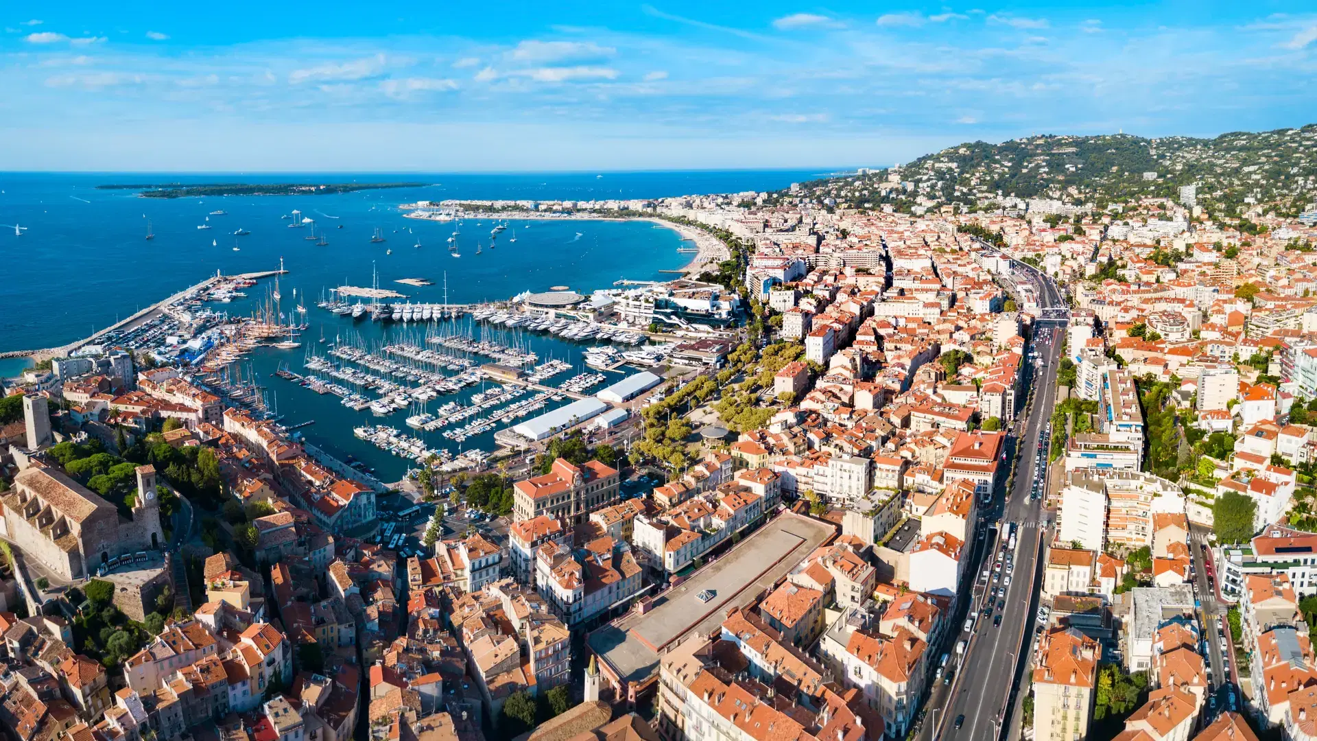 Cannes aerial panoramic view. Cannes is a city located on the French Riviera or Cote dAzur in France.