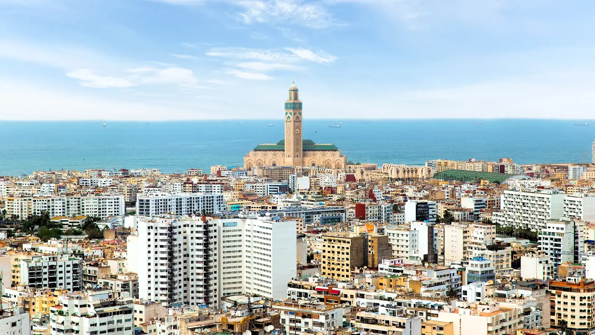 Panoramic aerial view of Casablanca, with Grand mosque Hassan II Mosque and the Atlantic ocean. Casablanca. Morocco