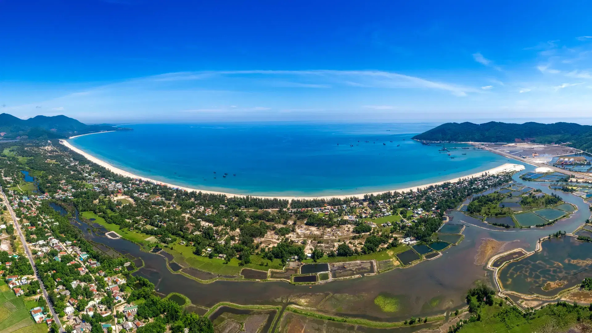 Aerial view of Chan May bay and beach, harbor, Hue, Vietnam. Panorama