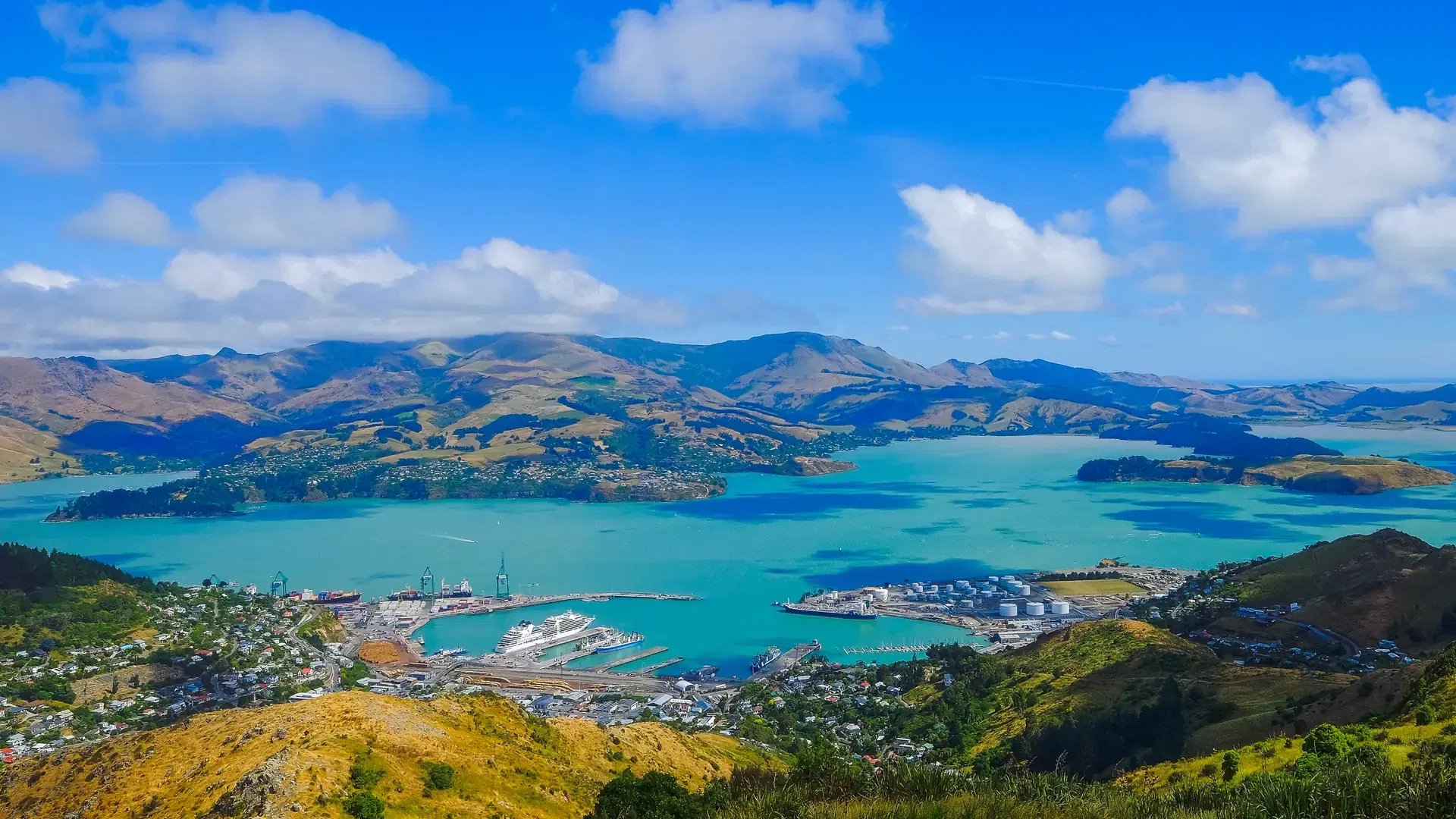 Beautiful view of Lyttelton Port and Harbour from the Christchurch Gondola Station at the top of the Port Hills, Christchurch, Canterbury, New Zealand.