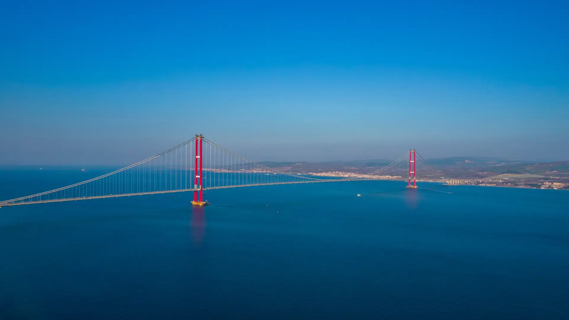 1915 Canakkale Bridge aerial view in Canakkale, Turkey. Worlds longest suspension bridge opened in Turkey. Turkish: 1915 Canakkale Koprusu. Bridge connect the Lapseki to the Gelibolu.
