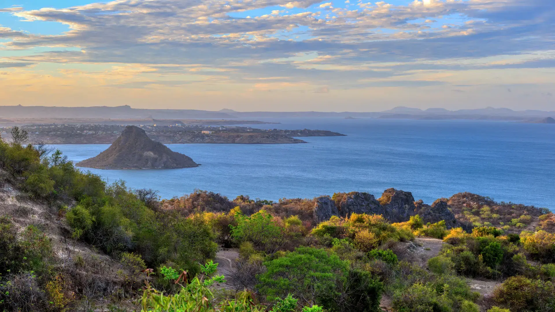 awesome landscape of Antsiranana Bay, Diego-Suarez Bay, large natural bay in the northeast coast of Madagascar. Evening dramatic sunset sky. Africa