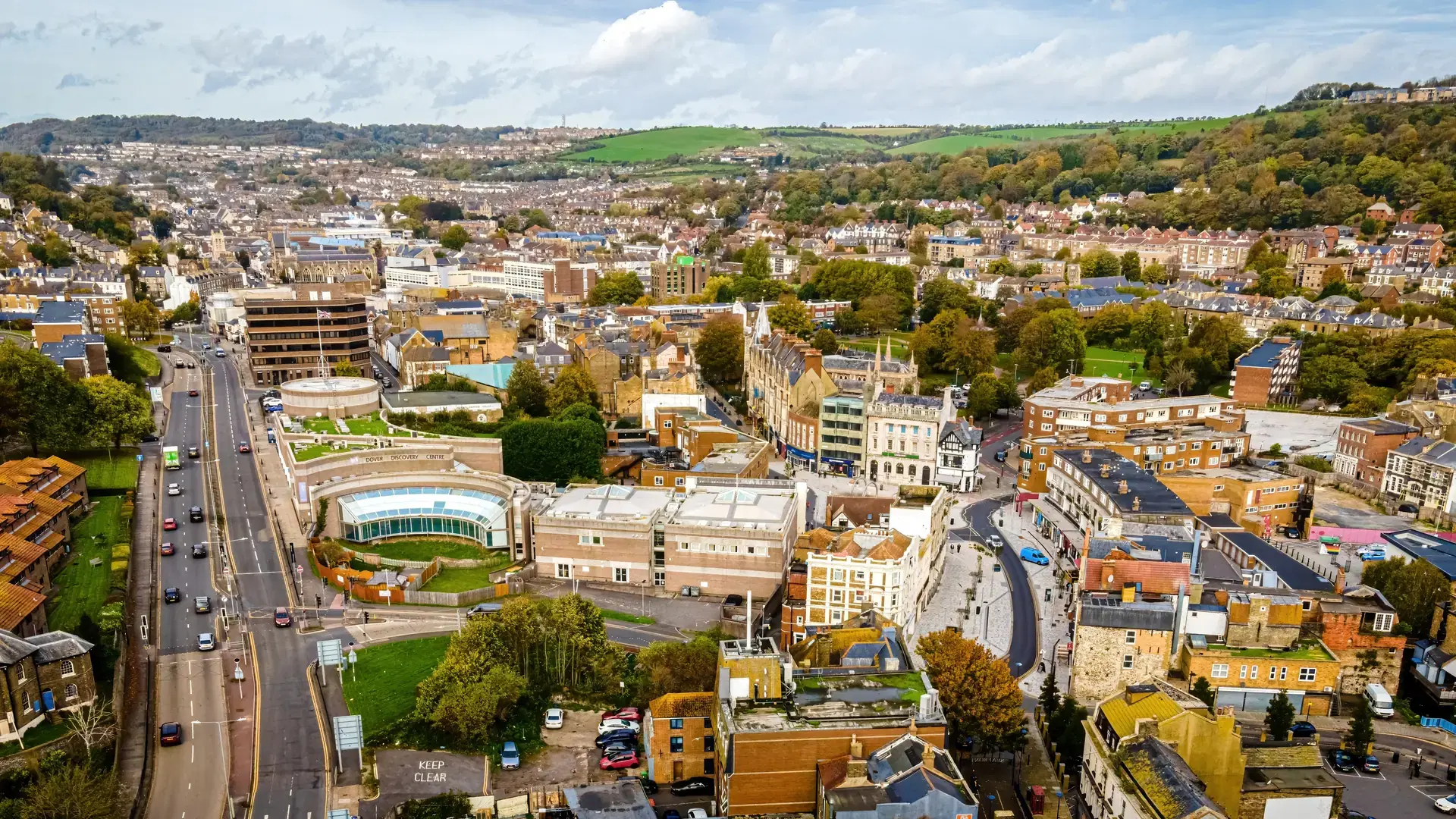 Aerial view of Dover embankment in Dover, a coastal town in England’s southeastern county of Kent, UK