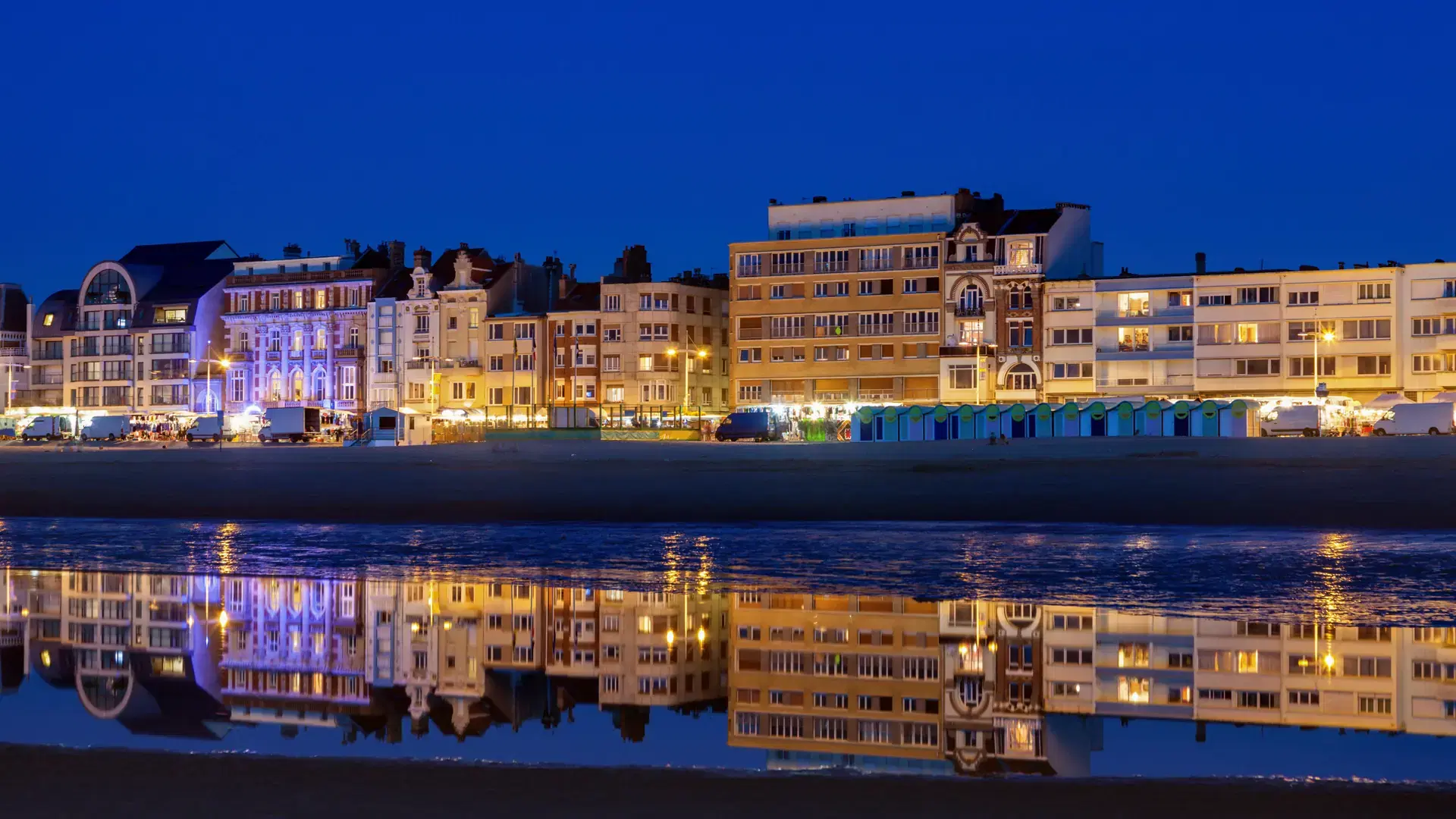 Panorama of Dunkirk at night. Dunkirk, Hauts-de-France, France.