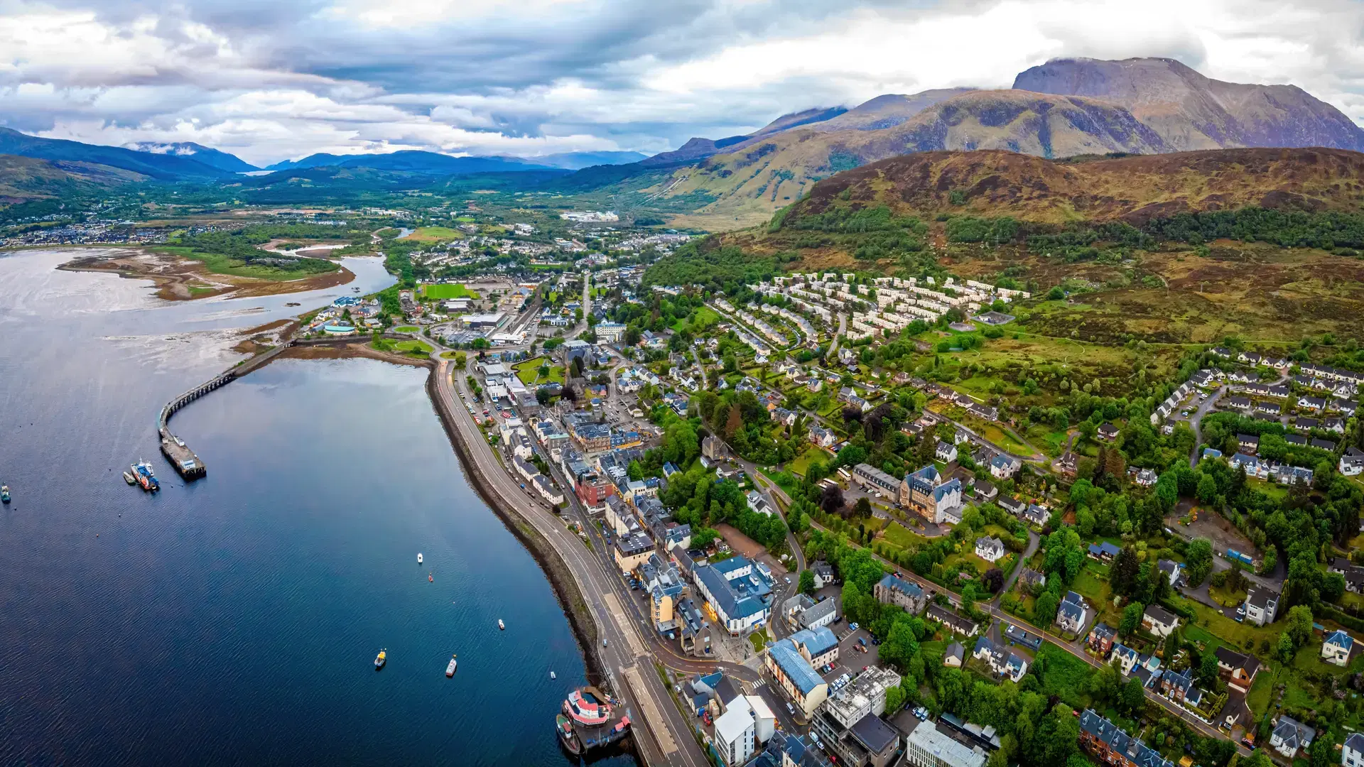 Aerial view of Fort William, a town in the western Scottish Highlands, on the shores of Loch Linnhe, known as a gateway to Ben Nevis, UK