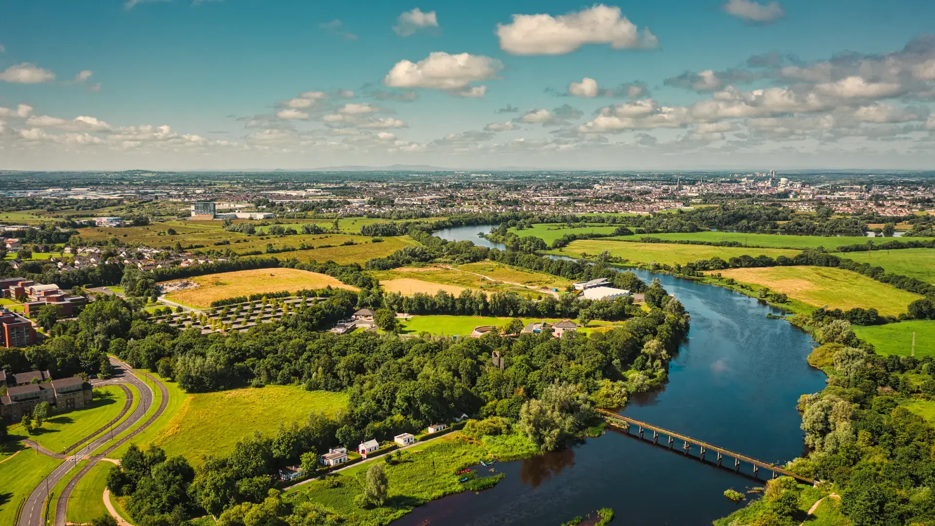 Aerial view over River Shannon, located between County Limerick and Clare. Irish landscape in summer.