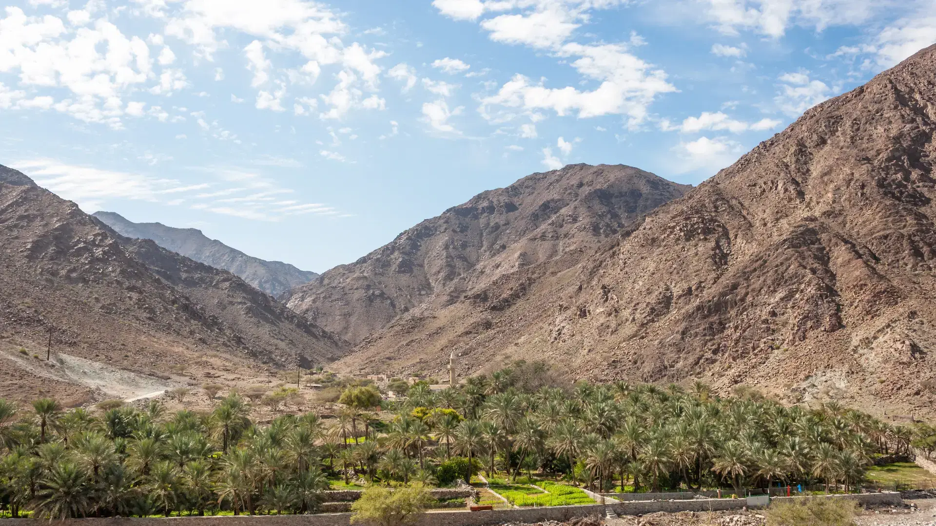 A hamlet and palm plantation in Wadi Saham in the Hajar Mountains of the Emirate of Fujairah, in the United Arab Emirates.