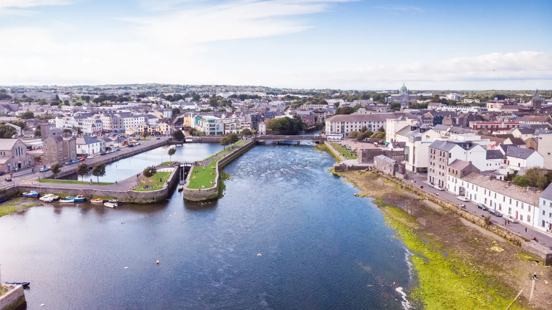 An aerial view of the River Corrib, the Claddagh Basin and the street known as The Long Walk in Galway, Ireland.
