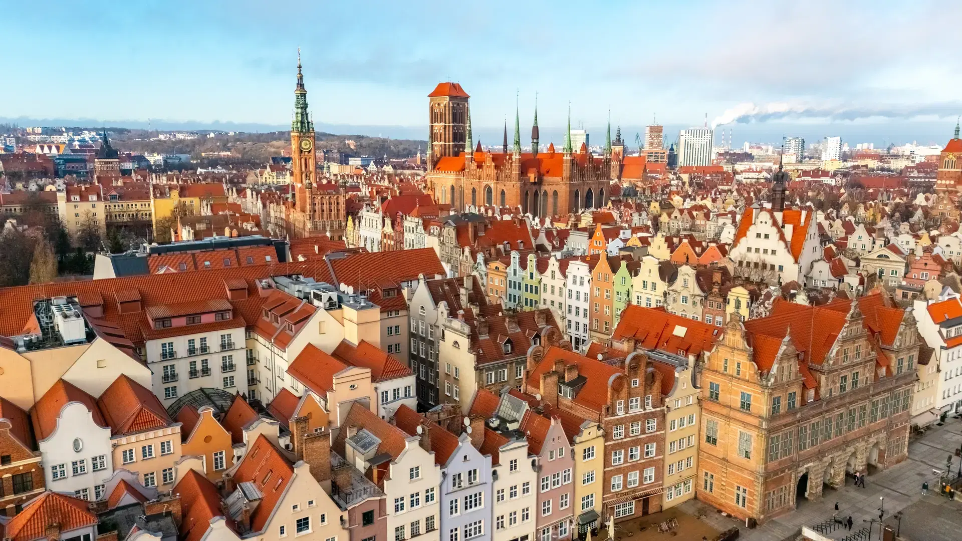 aerial view of gdansk historical center on a sunny day in winter