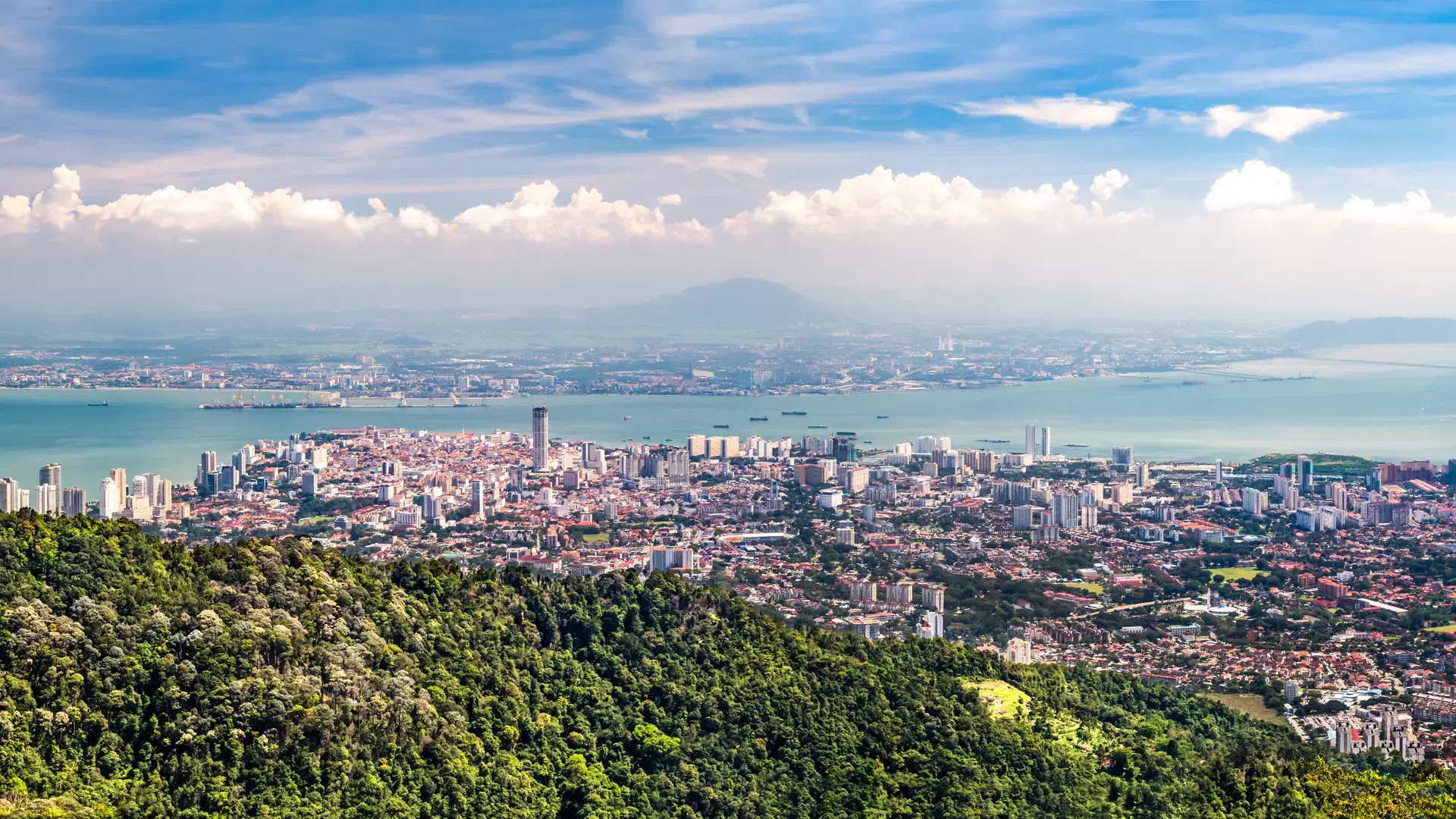 Aerial panorama cityscape of Georgetown, the capital city of Penang state Malaysia popular tourism destination