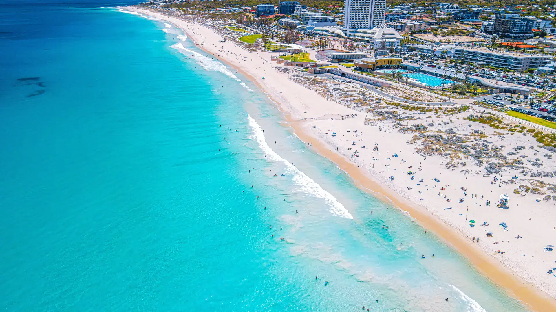 An aerial view of Scarborough Beach, Perth, Western Australia, with pristine white sands