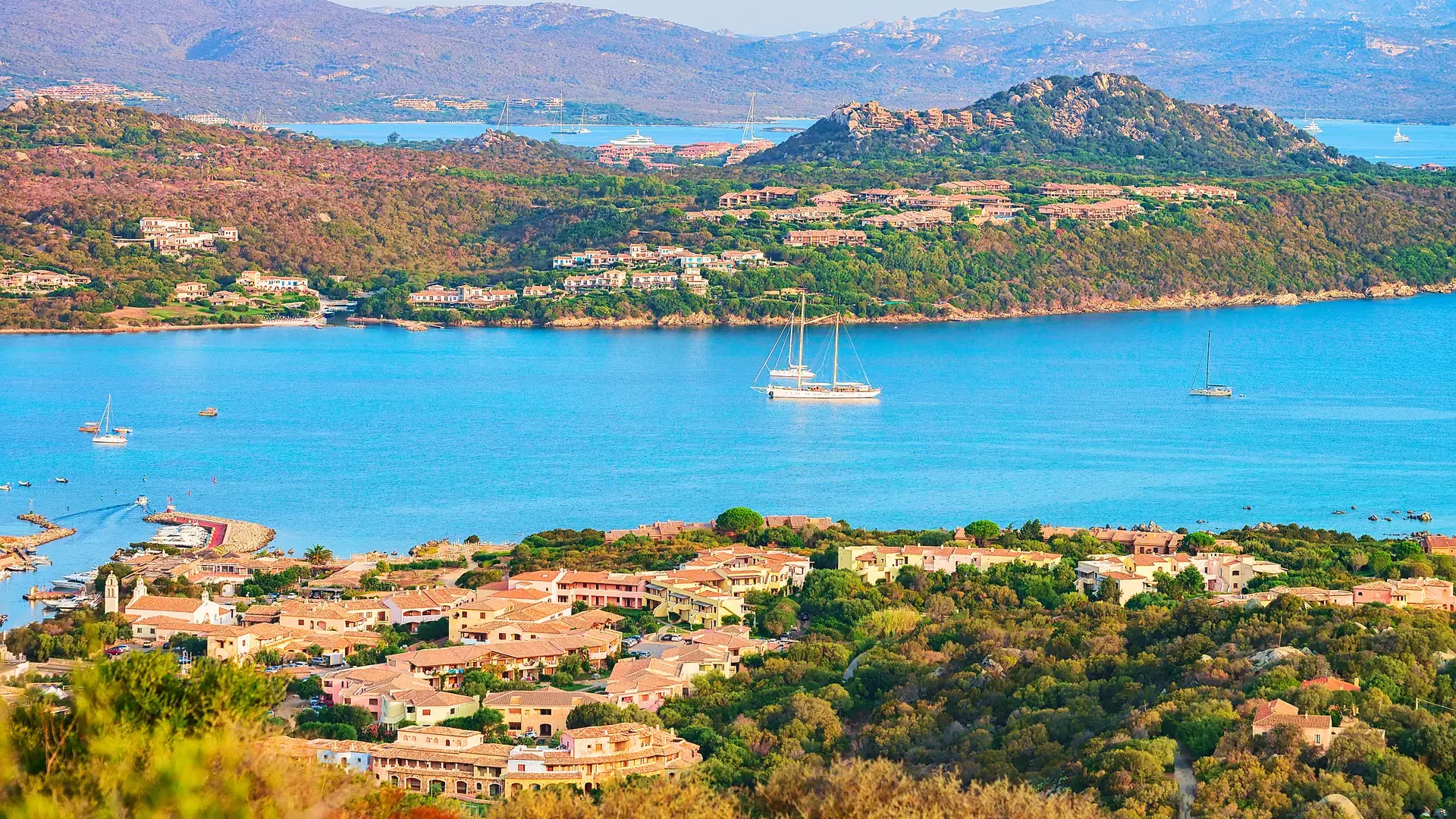 Panorama of Porto Rotondo in Golfo Aranci, Costa Smeralda resort on Mediterranean sea, Sardinia, Italy