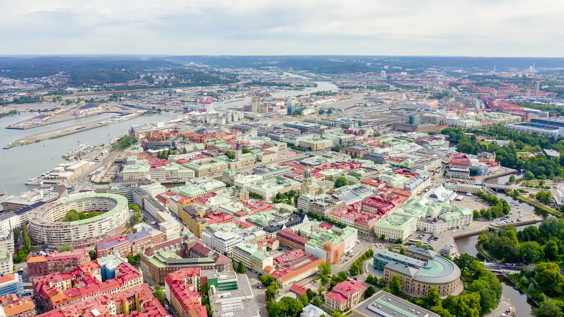 Gothenburg, Sweden. Panorama, central part of the city. Cloudy weather, From Drone