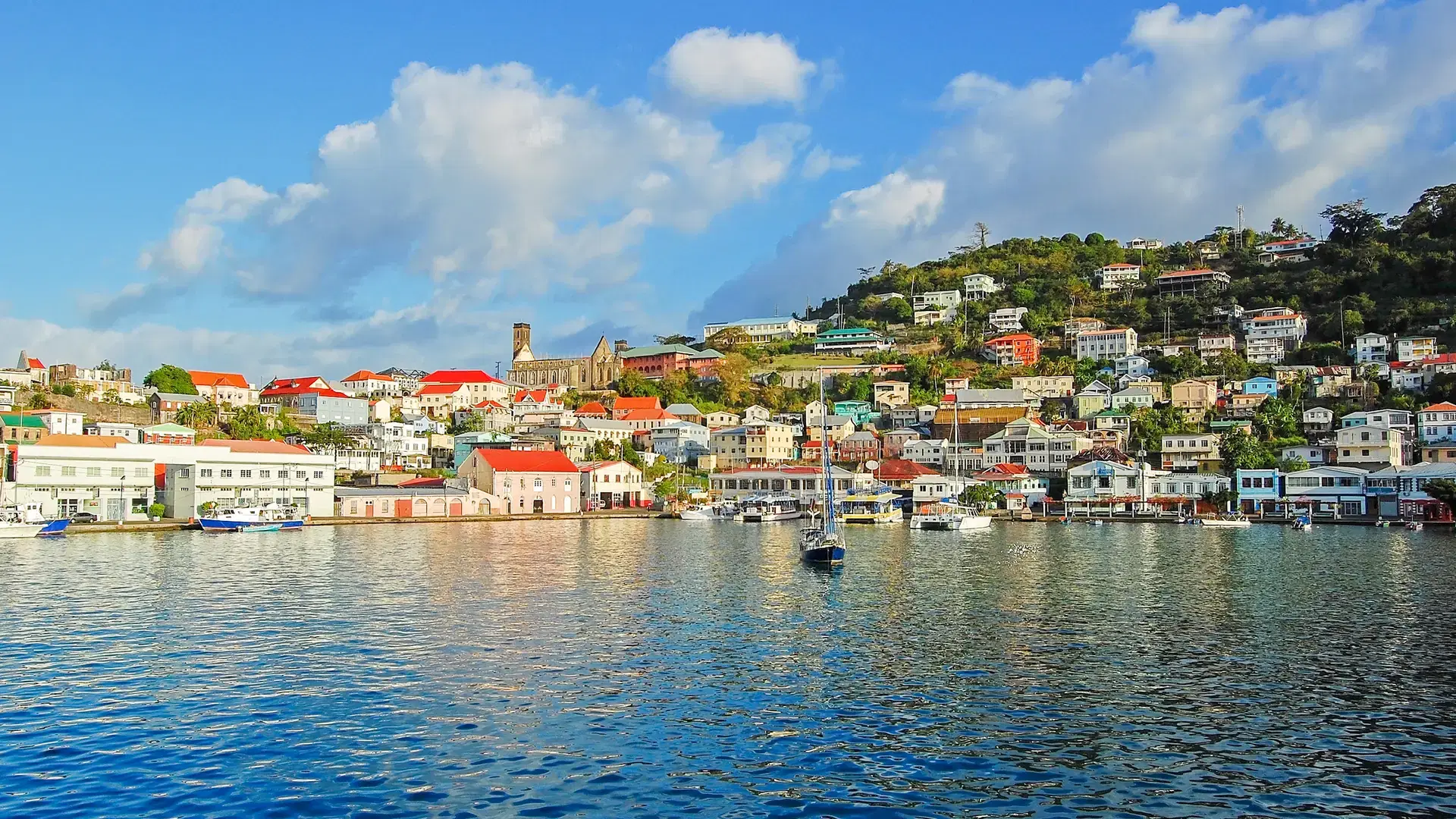 View of Saint Georges harbor, capital of Grenada island, Caribbean region of Lesser Antilles