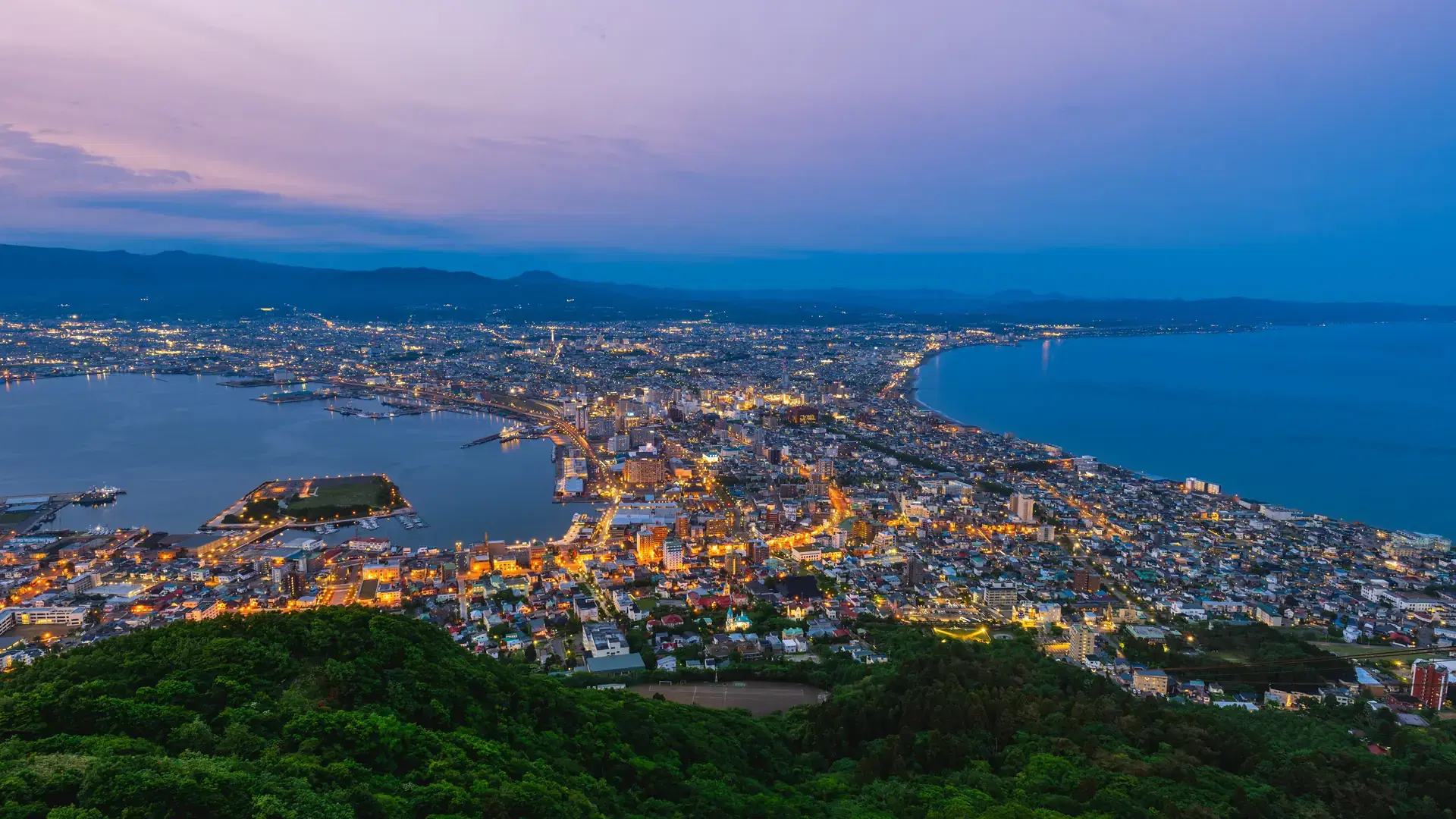 Night View from Mount Hakodate, Goryokaku Tower in Hokkaido, Japan.